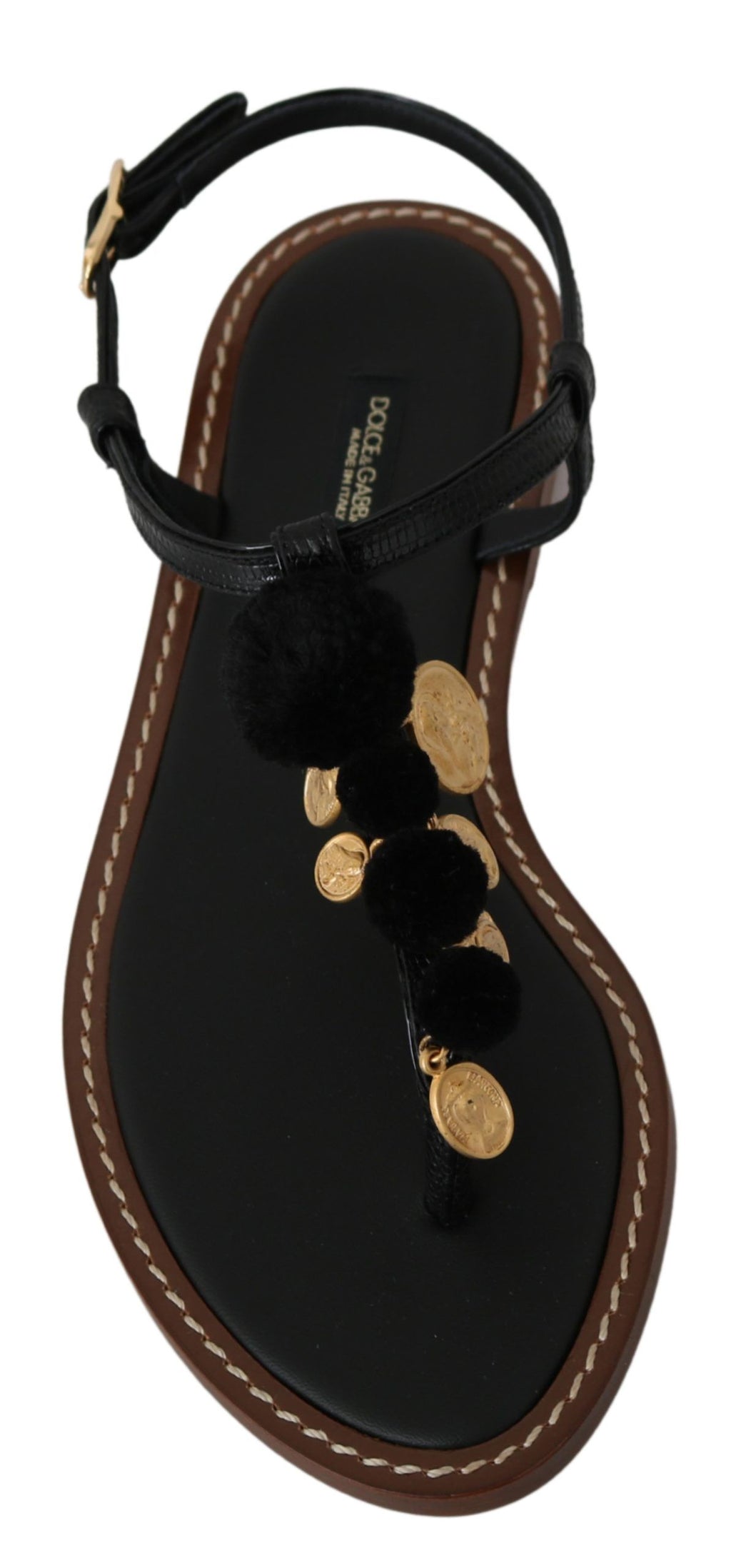 Tongs Dolce &amp; Gabbana en cuir noir avec pièces de monnaie