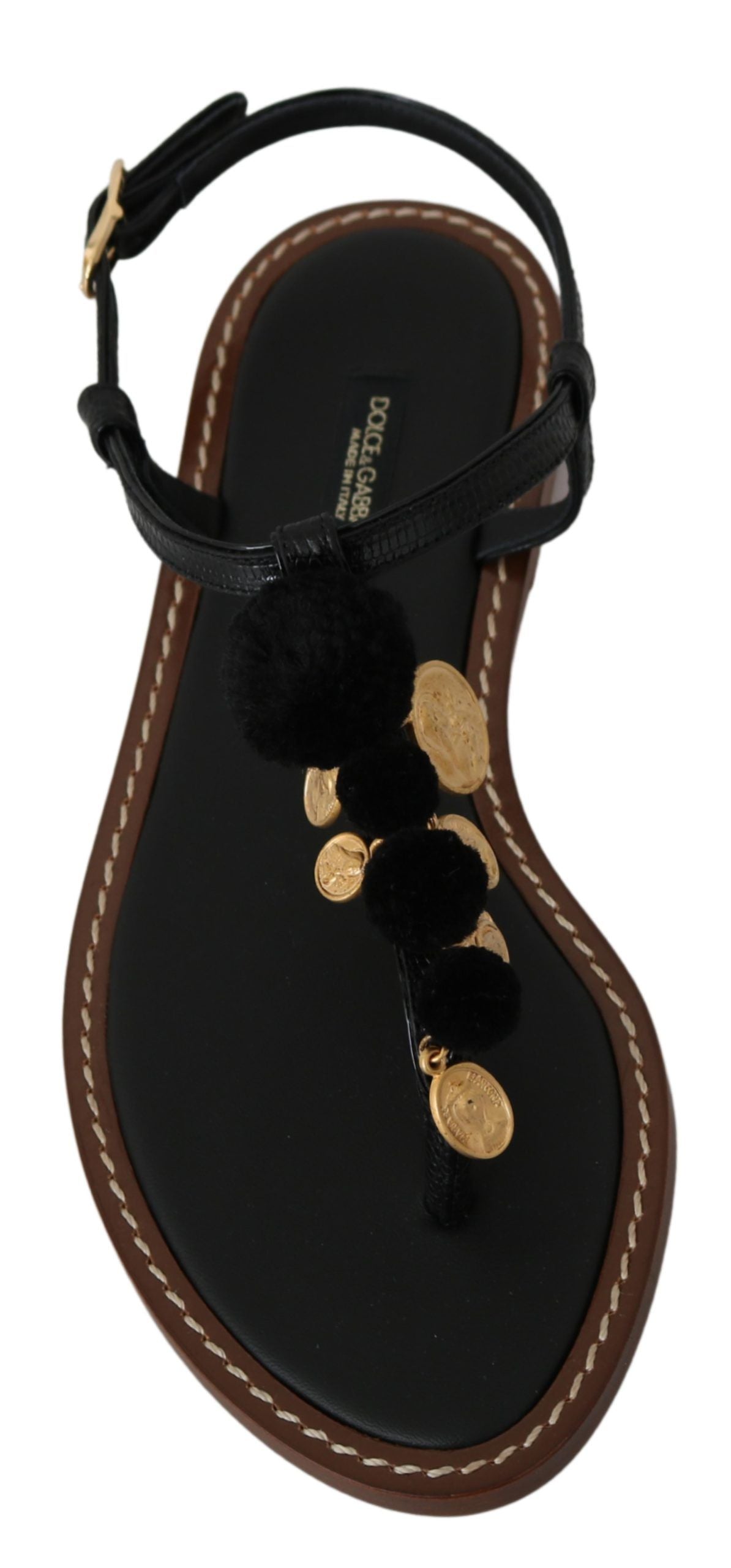 Tongs Dolce &amp; Gabbana en cuir noir avec pièces de monnaie