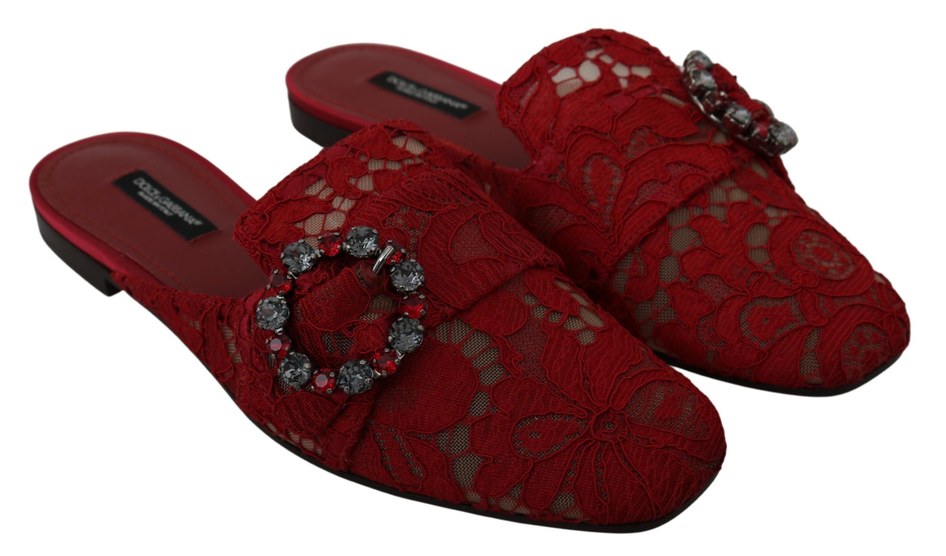 Chaussures plates à enfiler Dolce &amp; Gabbana en dentelle rouge et cristaux