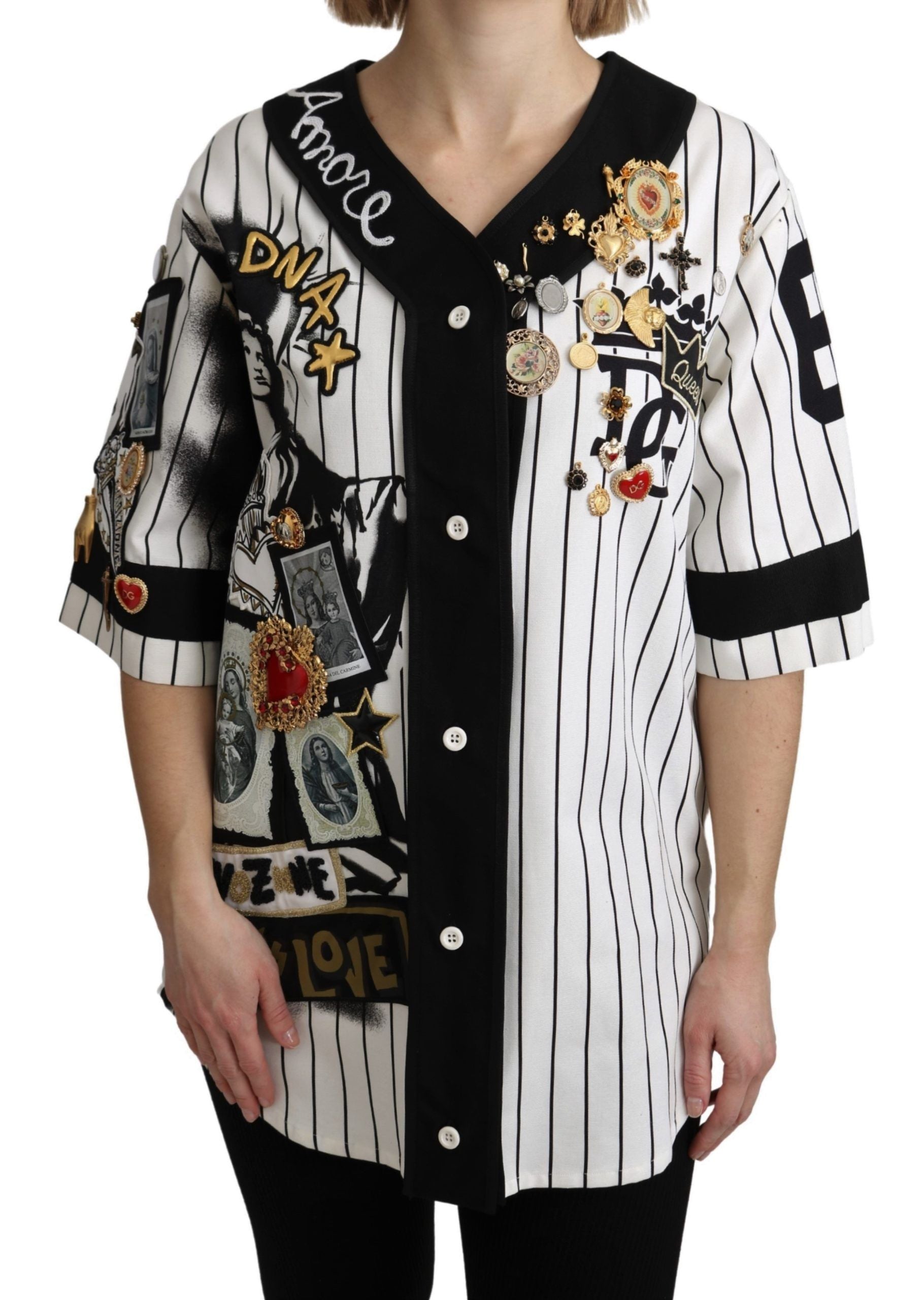 Chemisier Dolce &amp; Gabbana blanc et noir en coton avec breloques en cristal Amore