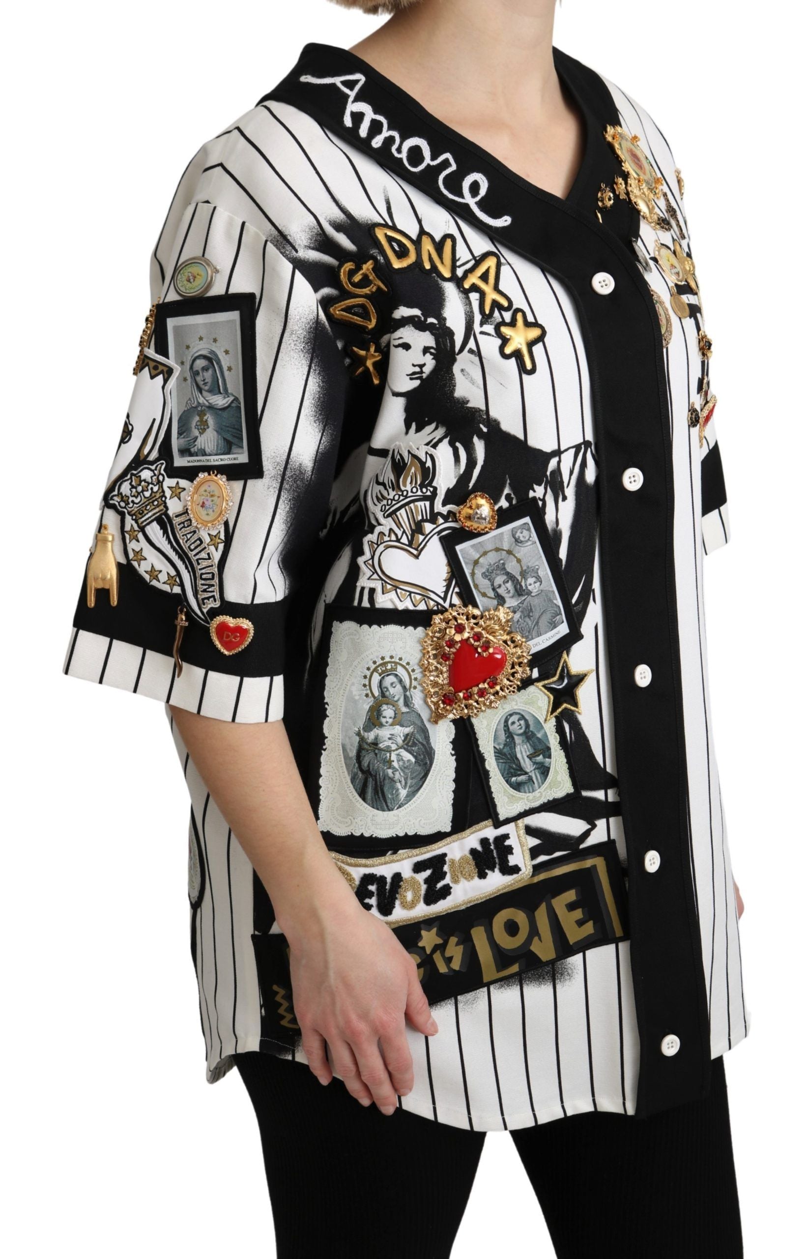 Chemisier Dolce &amp; Gabbana blanc et noir en coton avec breloques en cristal Amore