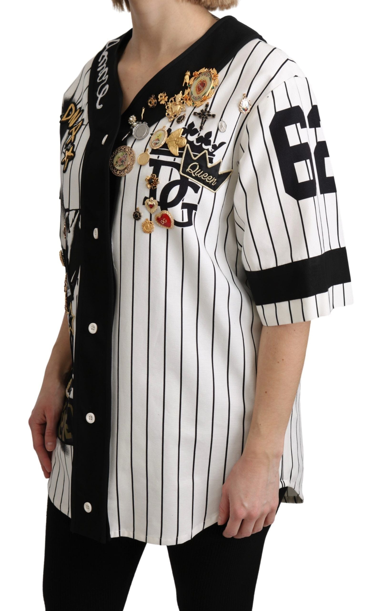 Chemisier Dolce &amp; Gabbana blanc et noir en coton avec breloques en cristal Amore