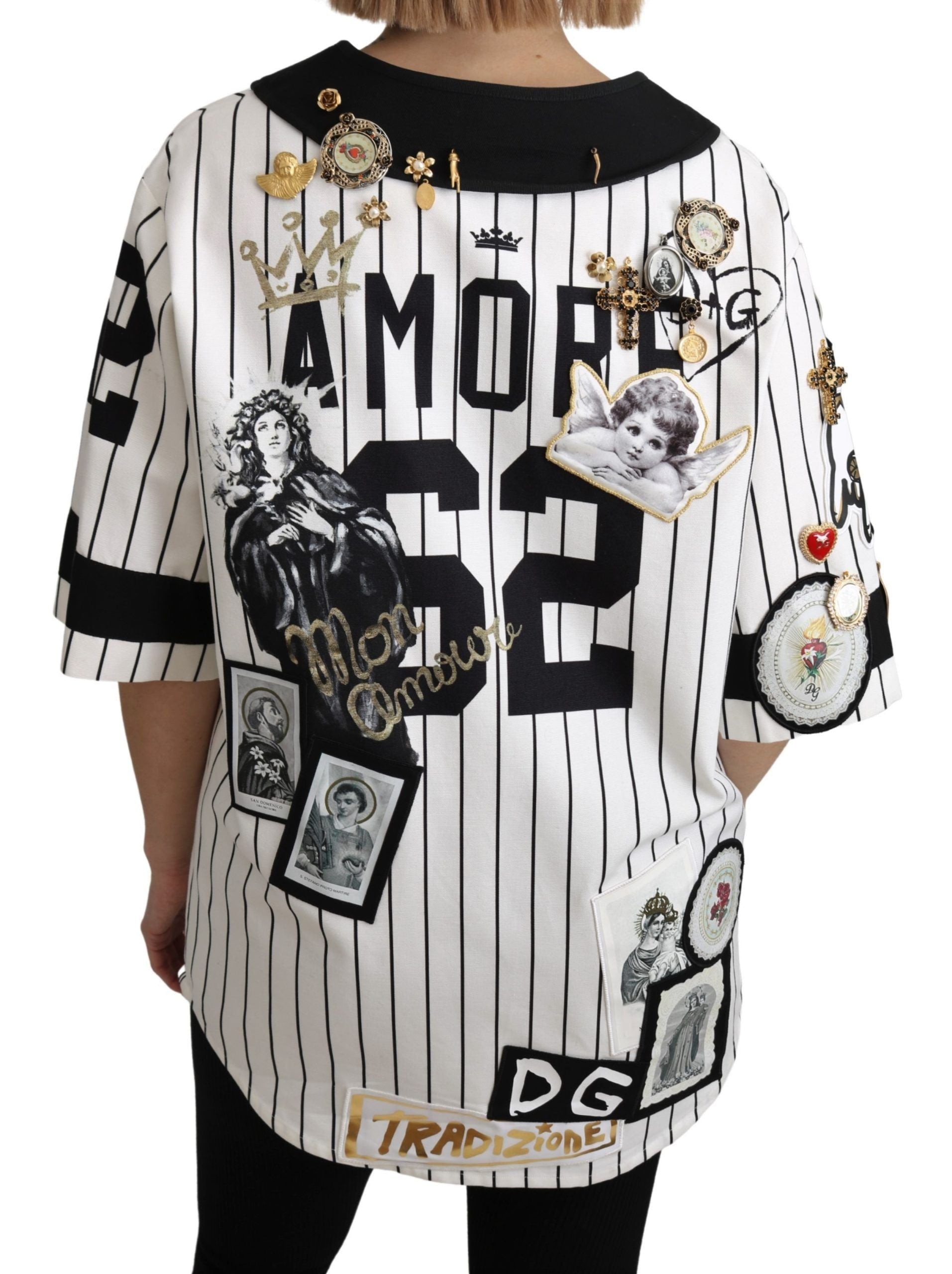 Chemisier Dolce &amp; Gabbana blanc et noir en coton avec breloques en cristal Amore