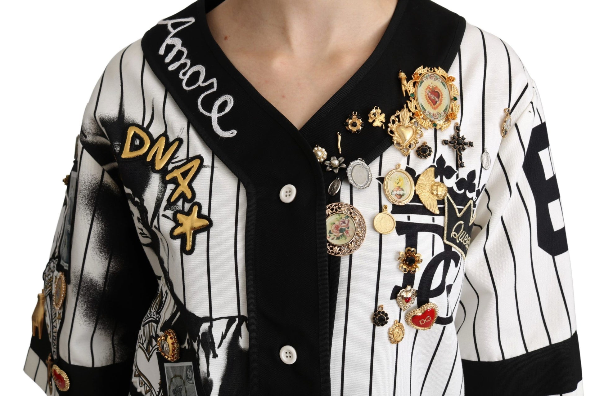 Chemisier Dolce &amp; Gabbana blanc et noir en coton avec breloques en cristal Amore