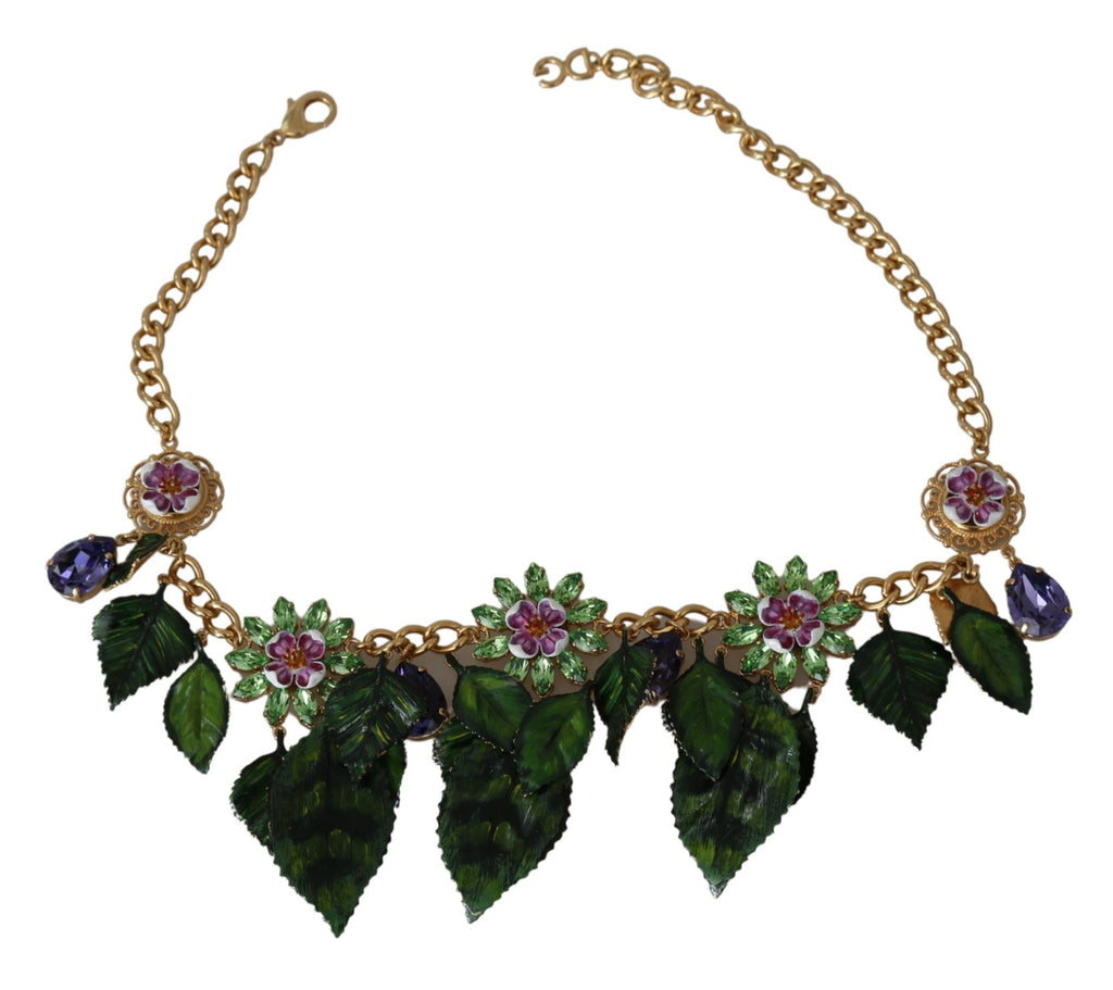 Collier Dolce &amp; Gabbana avec pendentif en forme de fleur en cristal et laiton doré à feuilles vertes