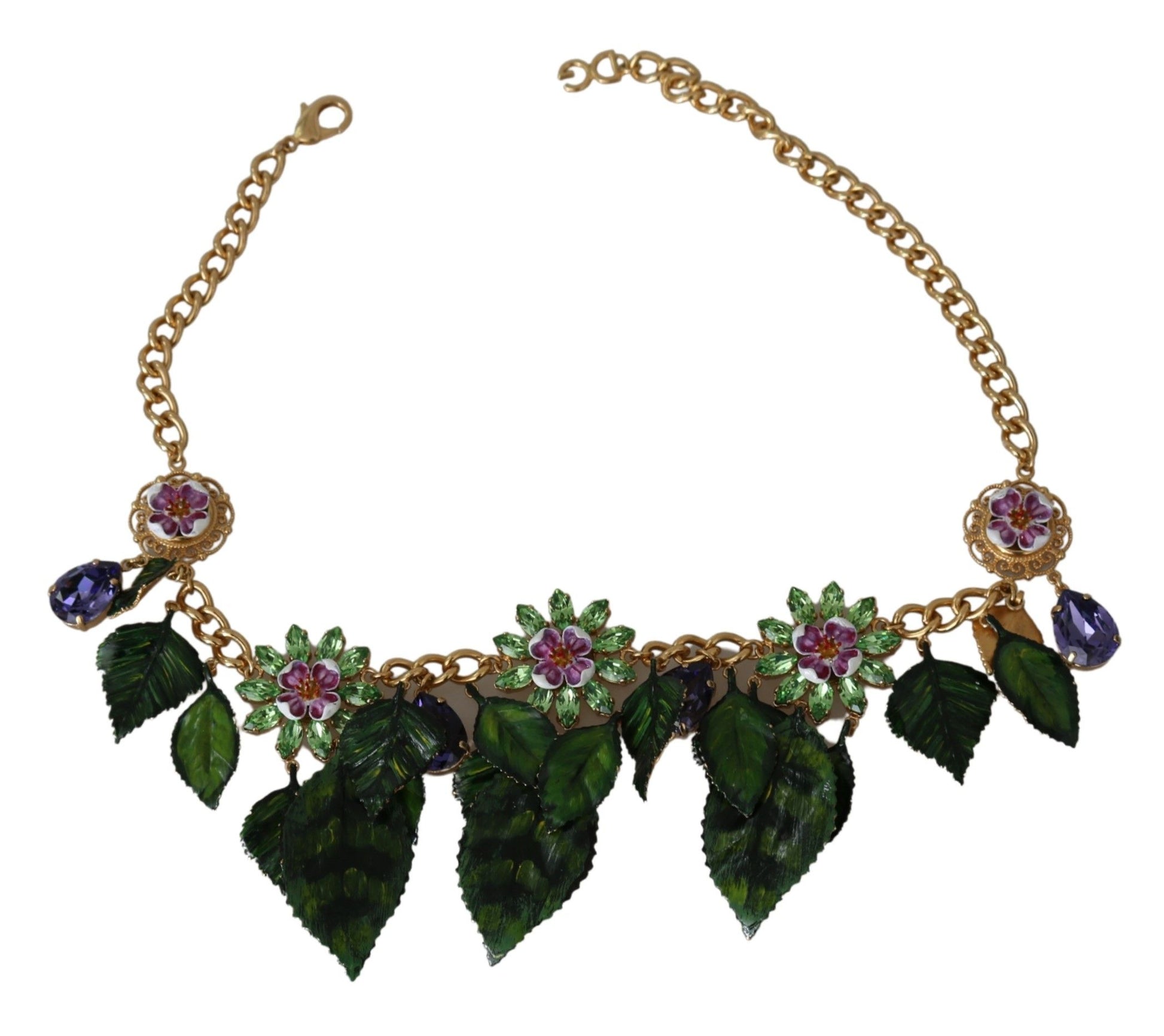 Collier Dolce &amp; Gabbana avec pendentif en forme de fleur en cristal et laiton doré à feuilles vertes
