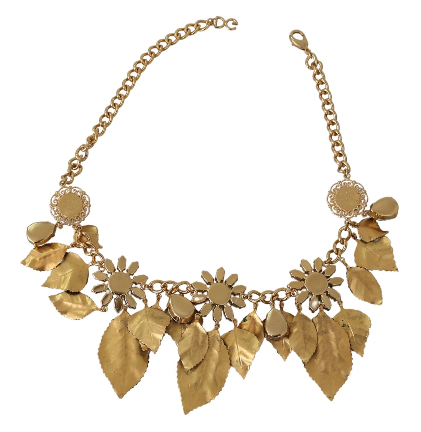 Collier Dolce &amp; Gabbana avec pendentif en forme de fleur en cristal et laiton doré à feuilles vertes