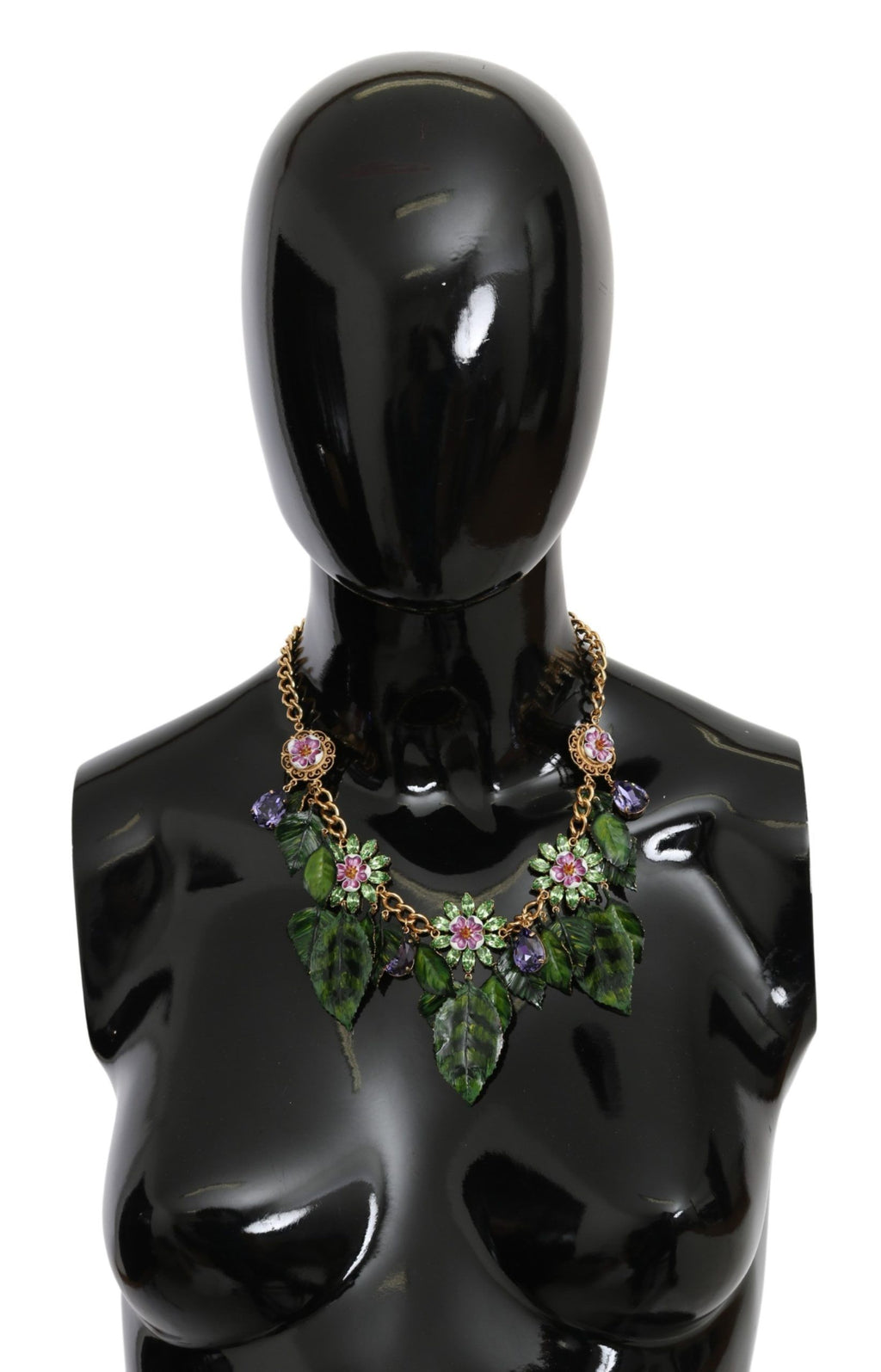 Collier Dolce &amp; Gabbana avec pendentif en forme de fleur en cristal et laiton doré à feuilles vertes