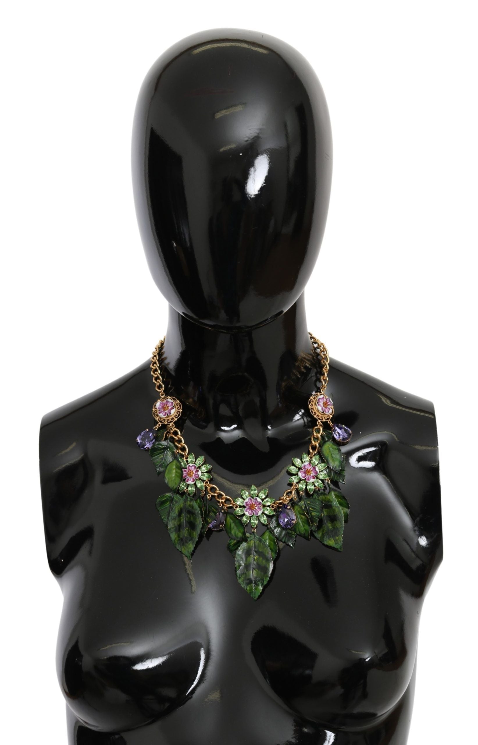 Collier Dolce &amp; Gabbana avec pendentif en forme de fleur en cristal et laiton doré à feuilles vertes