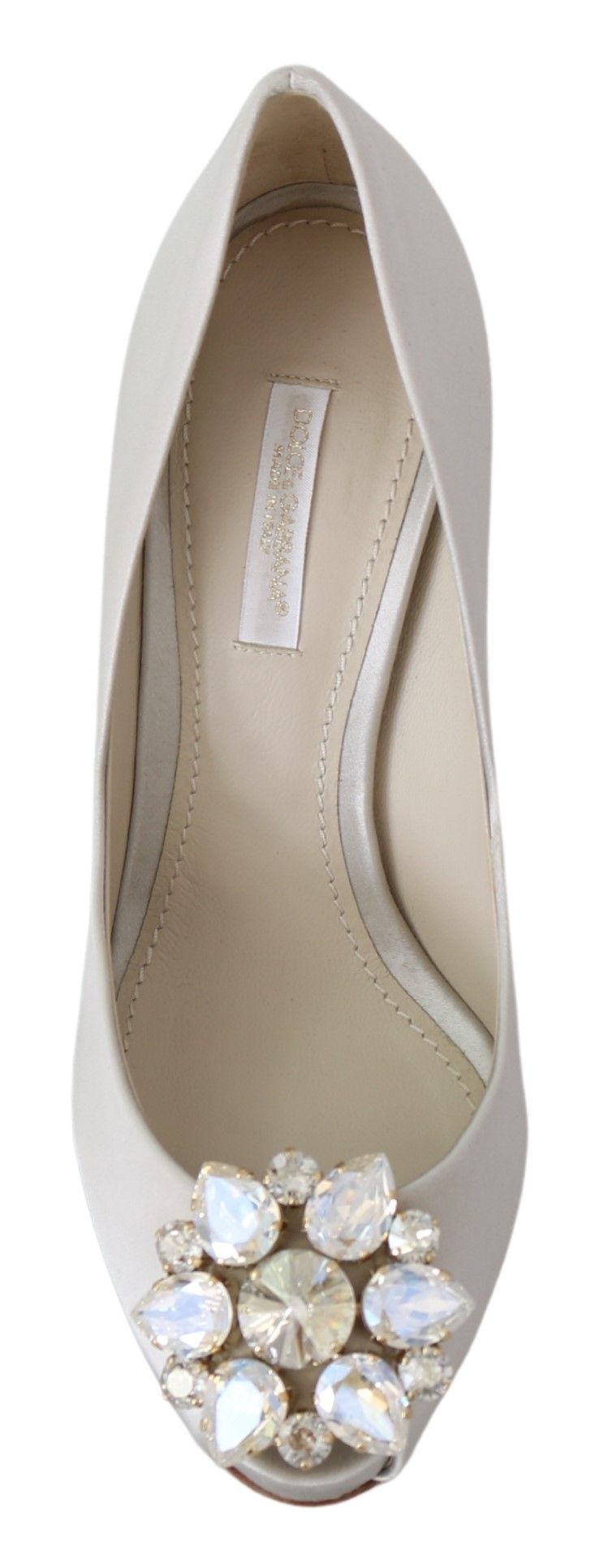 Escarpins à talons peep toe en satin et cristaux blancs Dolce &amp; Gabbana