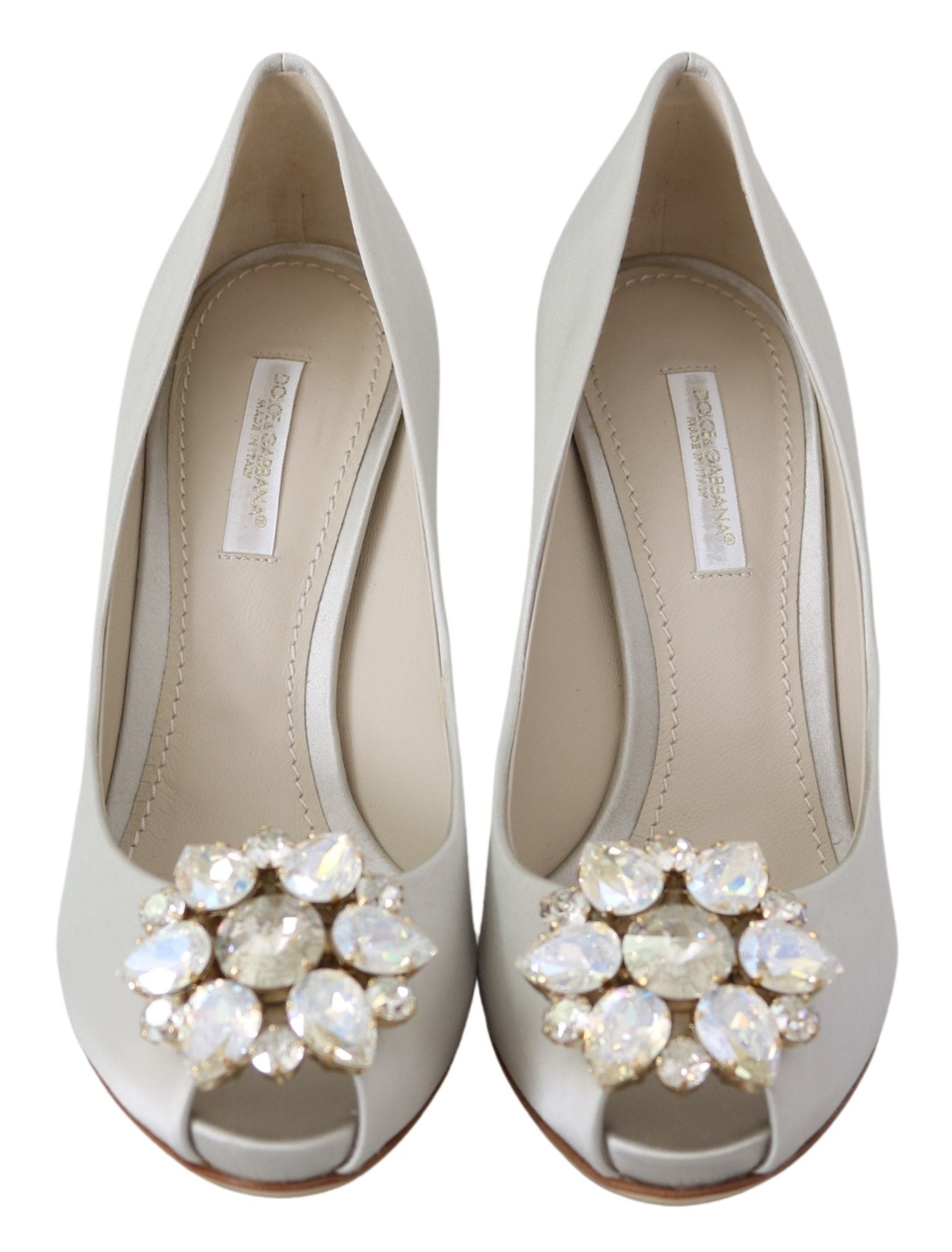Escarpins à talons peep toe en satin et cristaux blancs Dolce &amp; Gabbana