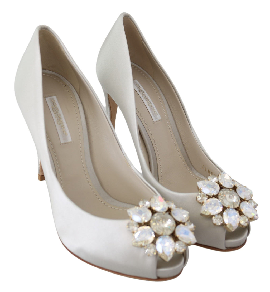 Escarpins à talons peep toe en satin et cristaux blancs Dolce &amp; Gabbana