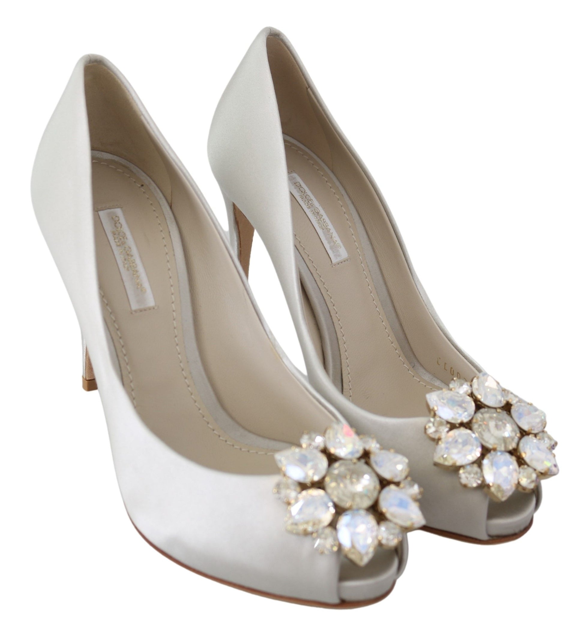 Escarpins à talons peep toe en satin et cristaux blancs Dolce &amp; Gabbana