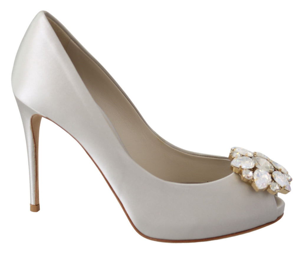Escarpins à talons peep toe en satin et cristaux blancs Dolce &amp; Gabbana