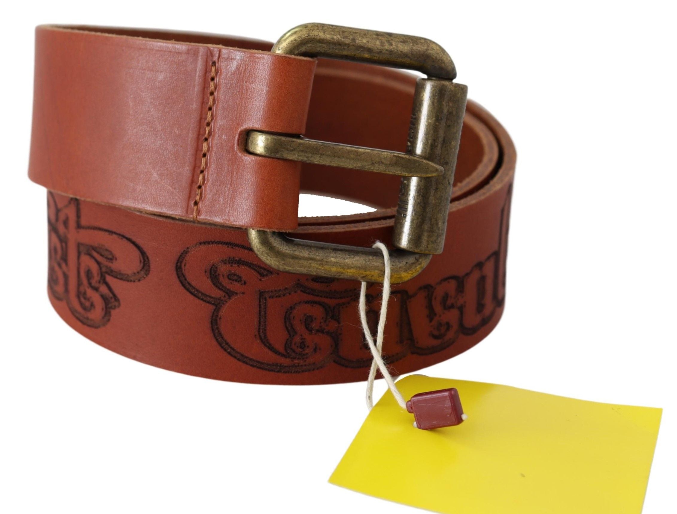 Ceinture Just Cavalli en cuir marron avec logo et boucle en métal rustique bronze
