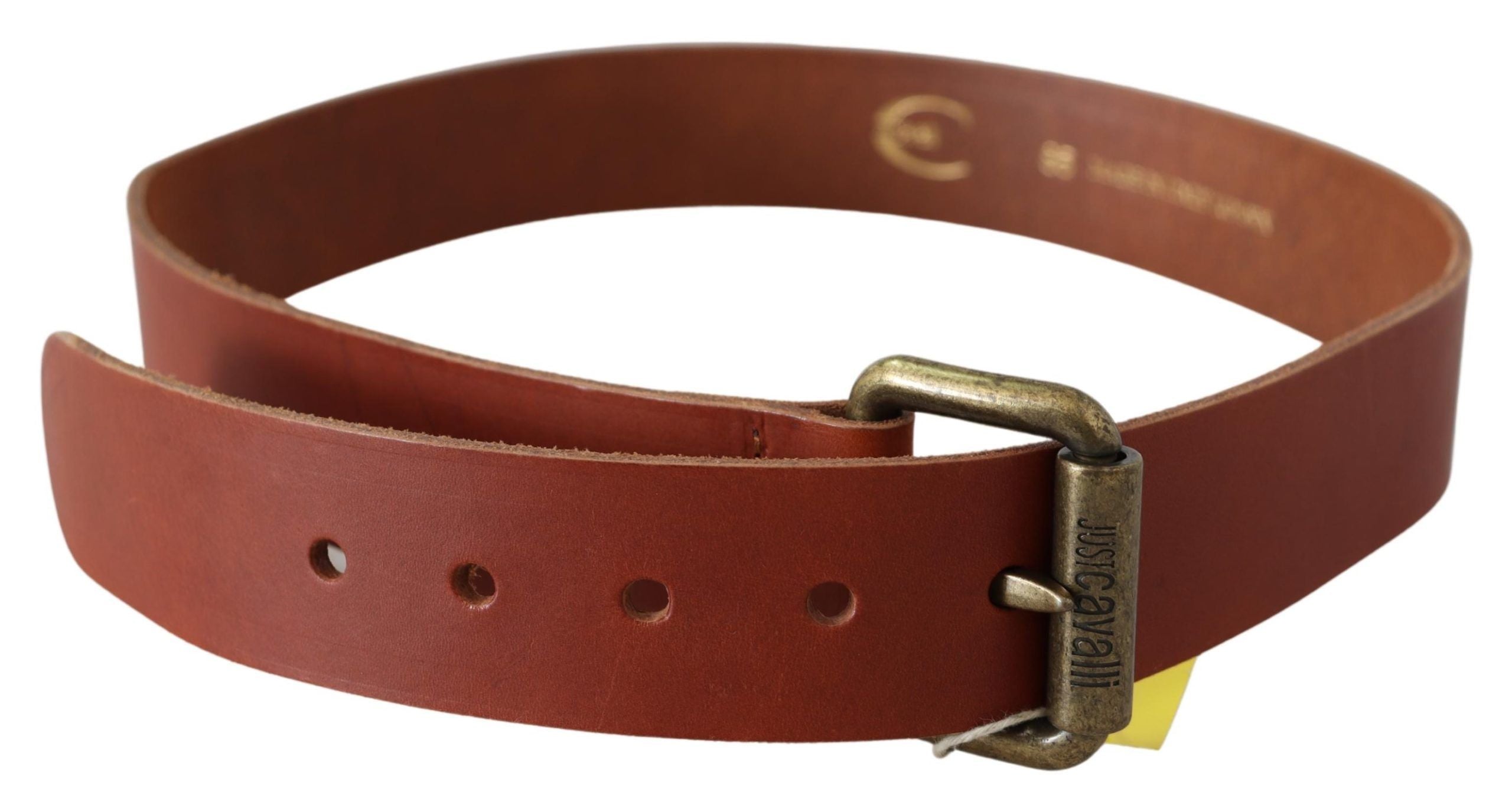 Ceinture Just Cavalli en cuir marron avec logo et boucle en métal rustique bronze