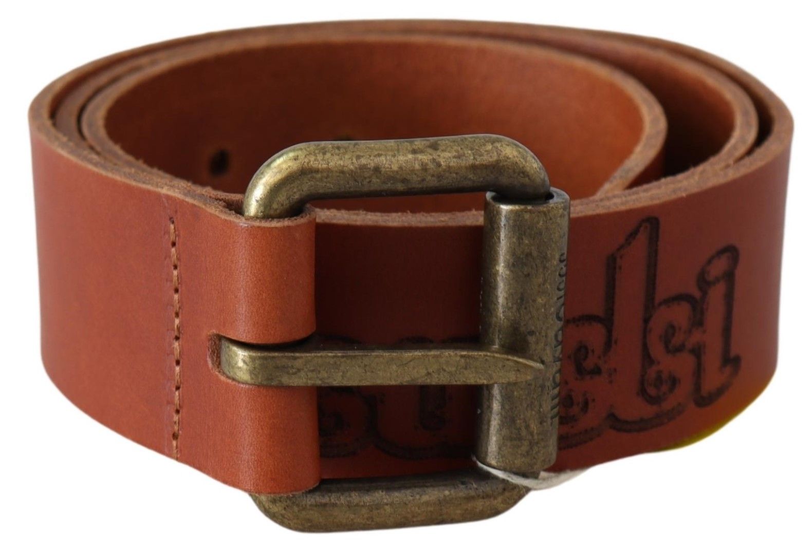Ceinture Just Cavalli en cuir marron avec logo et boucle en métal rustique bronze