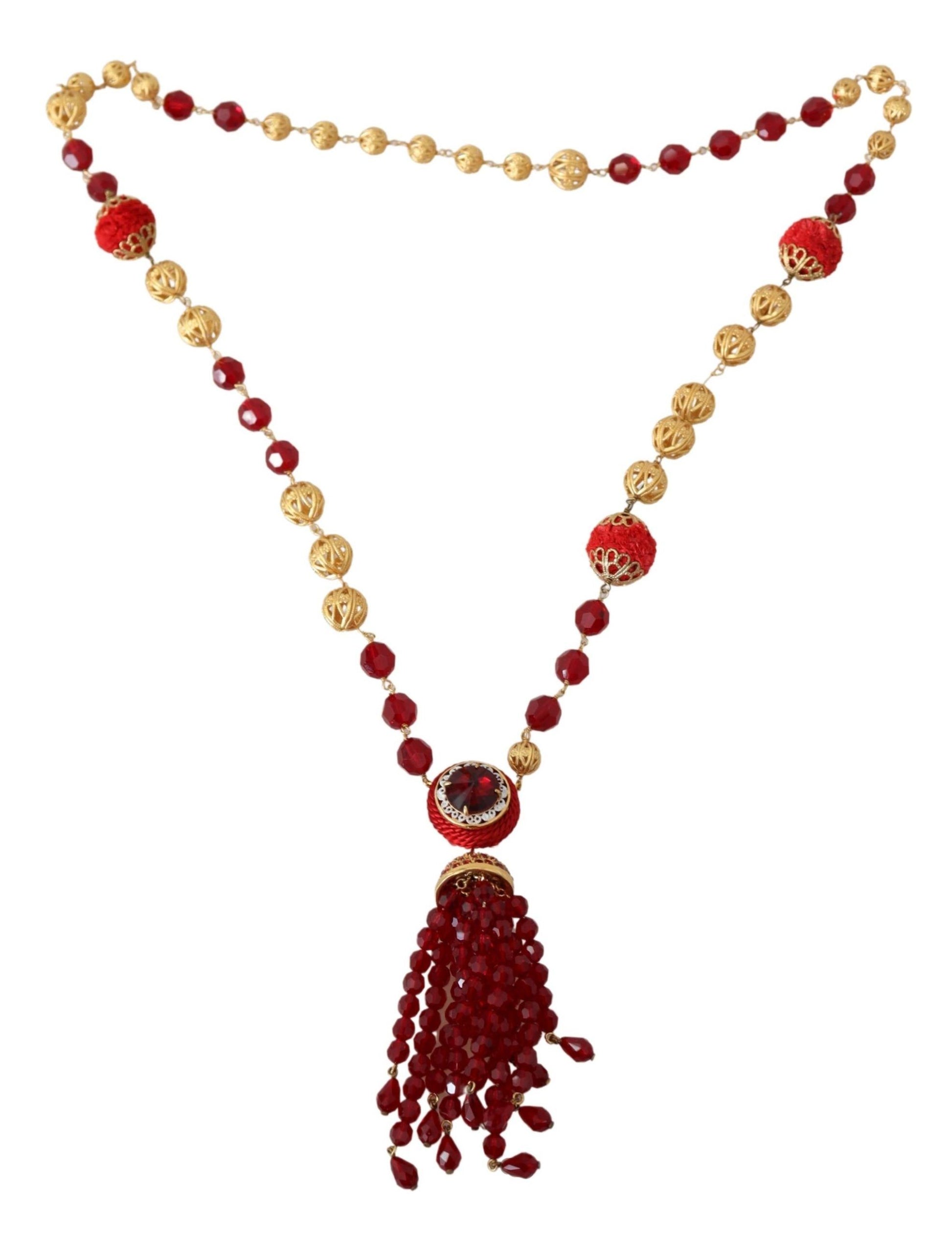 Collier chaîne opéra Dolce &amp; Gabbana en laiton doré avec pendentif en cristaux rouges