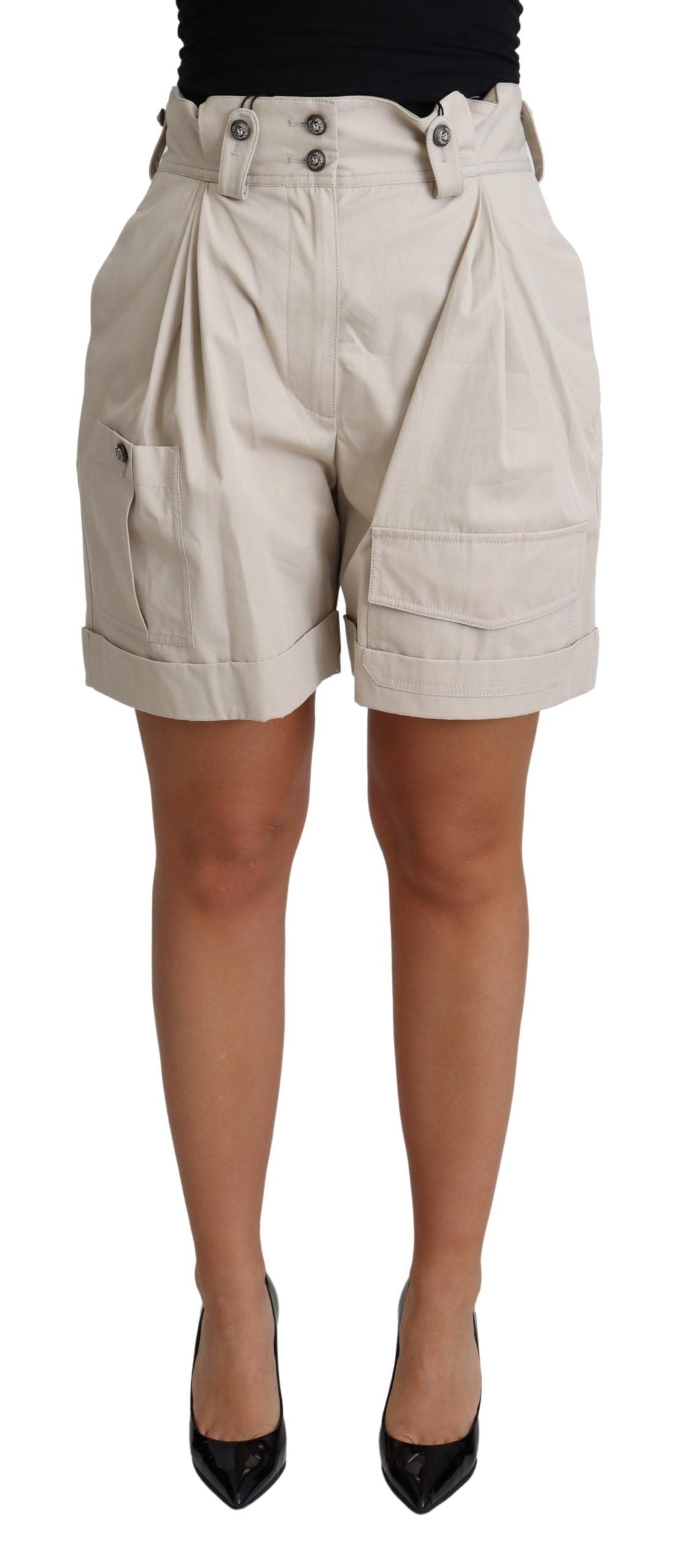 Short décontracté taille haute plissé en coton beige Dolce &amp; Gabbana