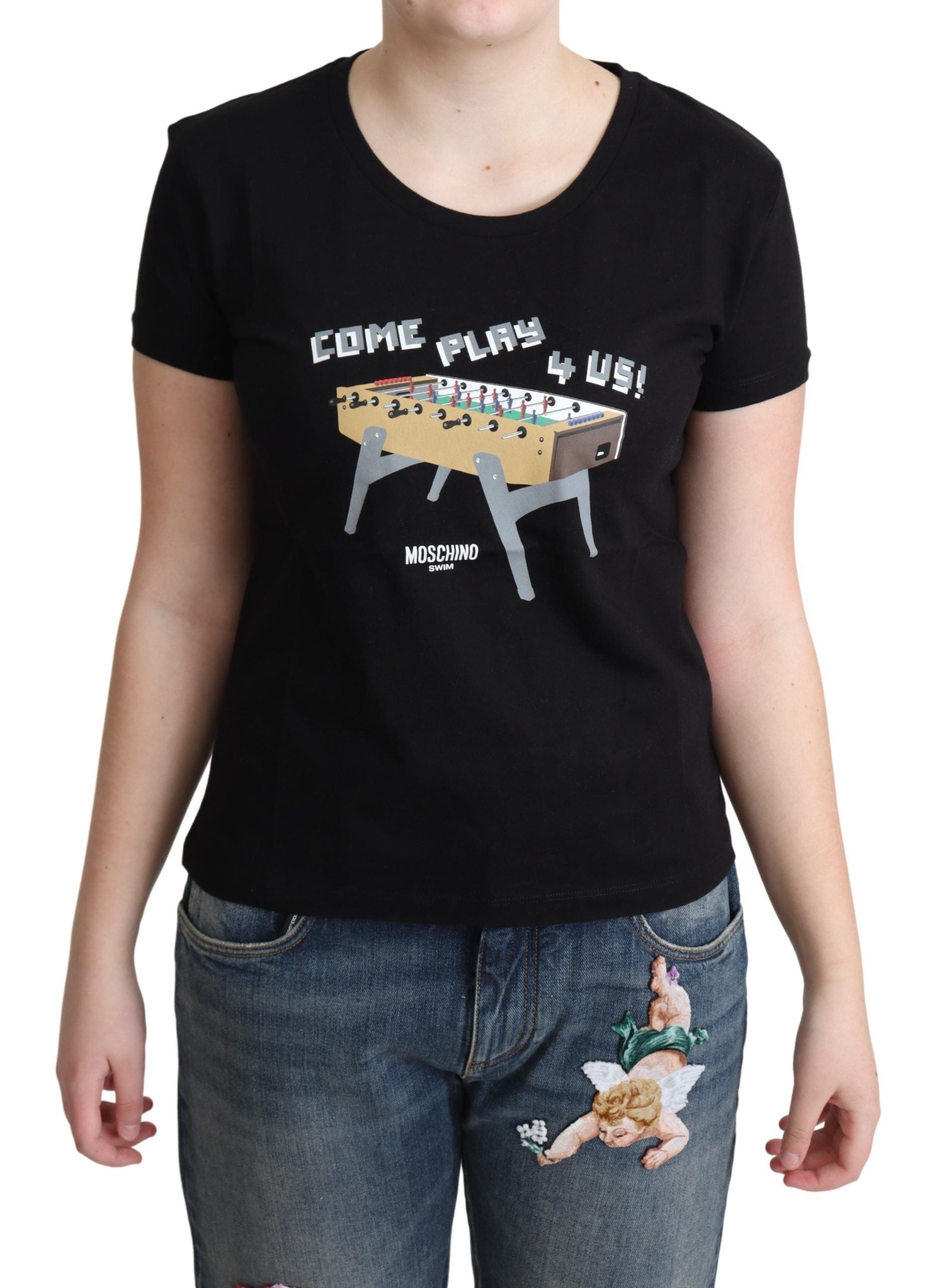 T-shirt noir en coton imprimé « Come Play 4 Us » de Moschino