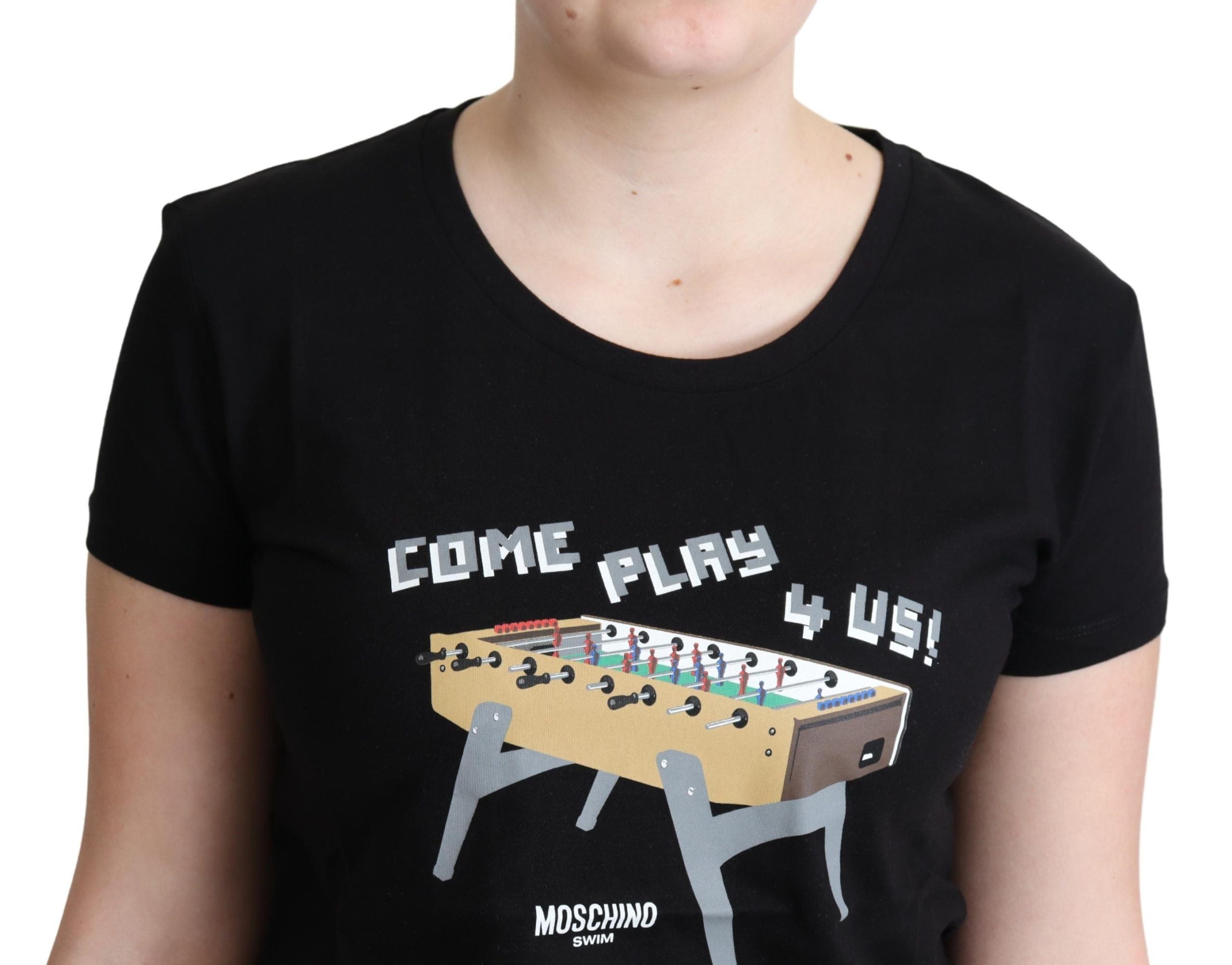 T-shirt noir en coton imprimé « Come Play 4 Us » de Moschino