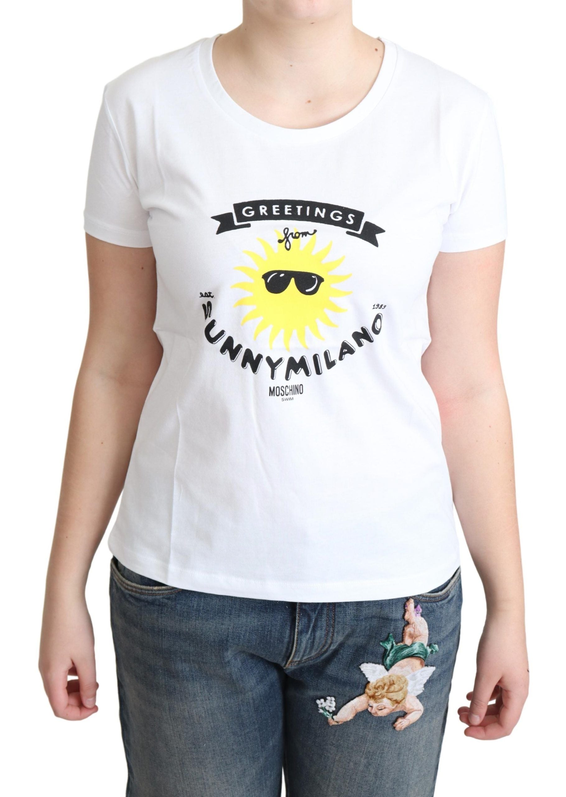 T-shirt blanc en coton imprimé Sunny Milano de Moschino