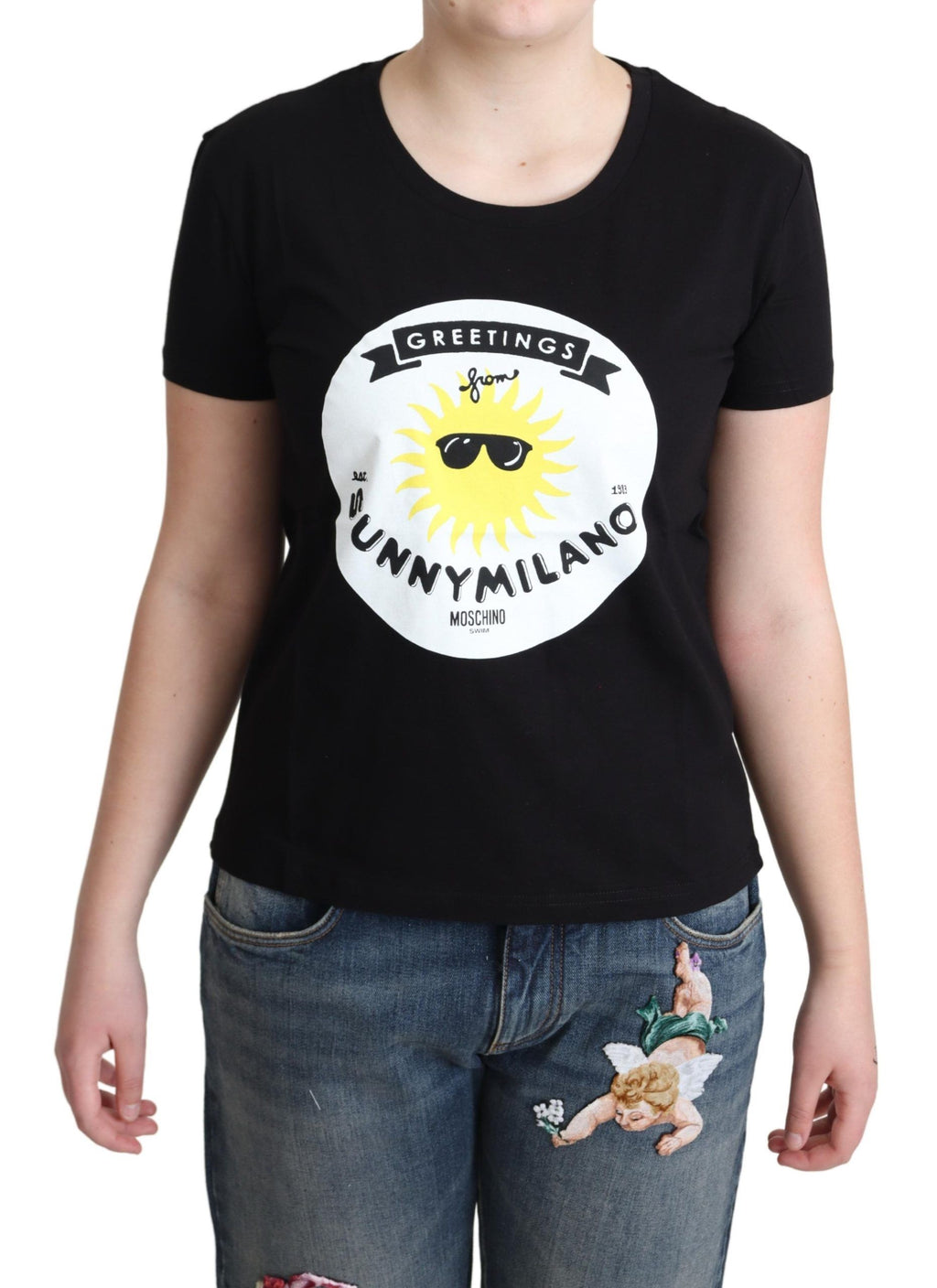 T-shirt noir en coton imprimé Sunny Milano de Moschino