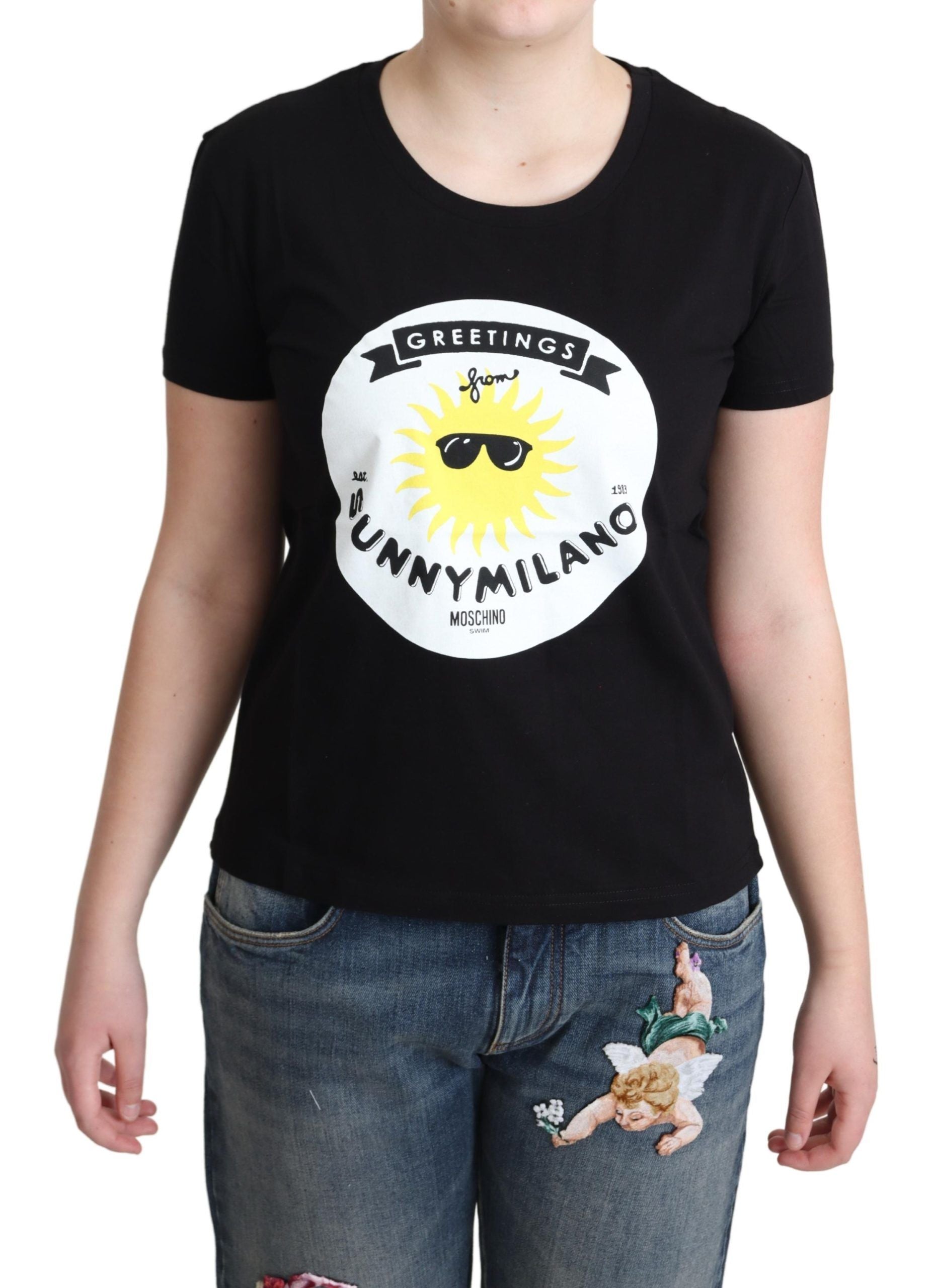 T-shirt noir en coton imprimé Sunny Milano de Moschino