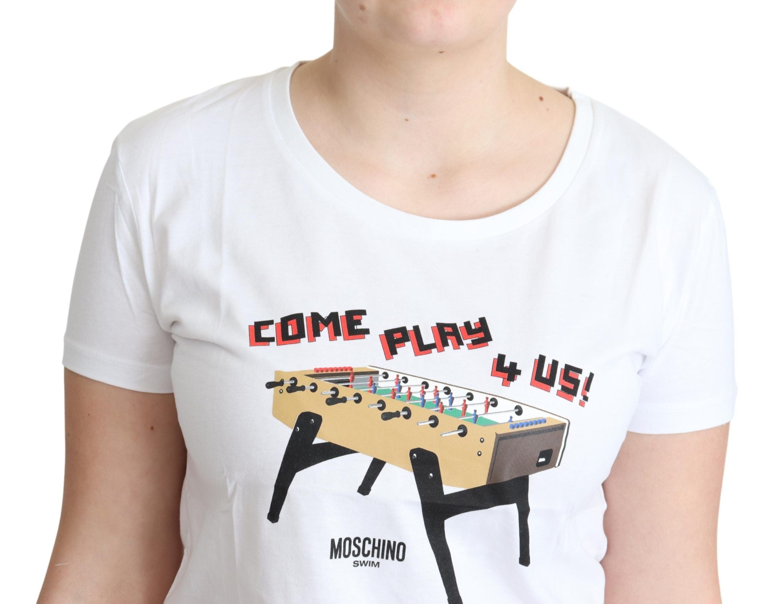 T-shirt blanc en coton imprimé « Come Play 4 Us » de Moschino