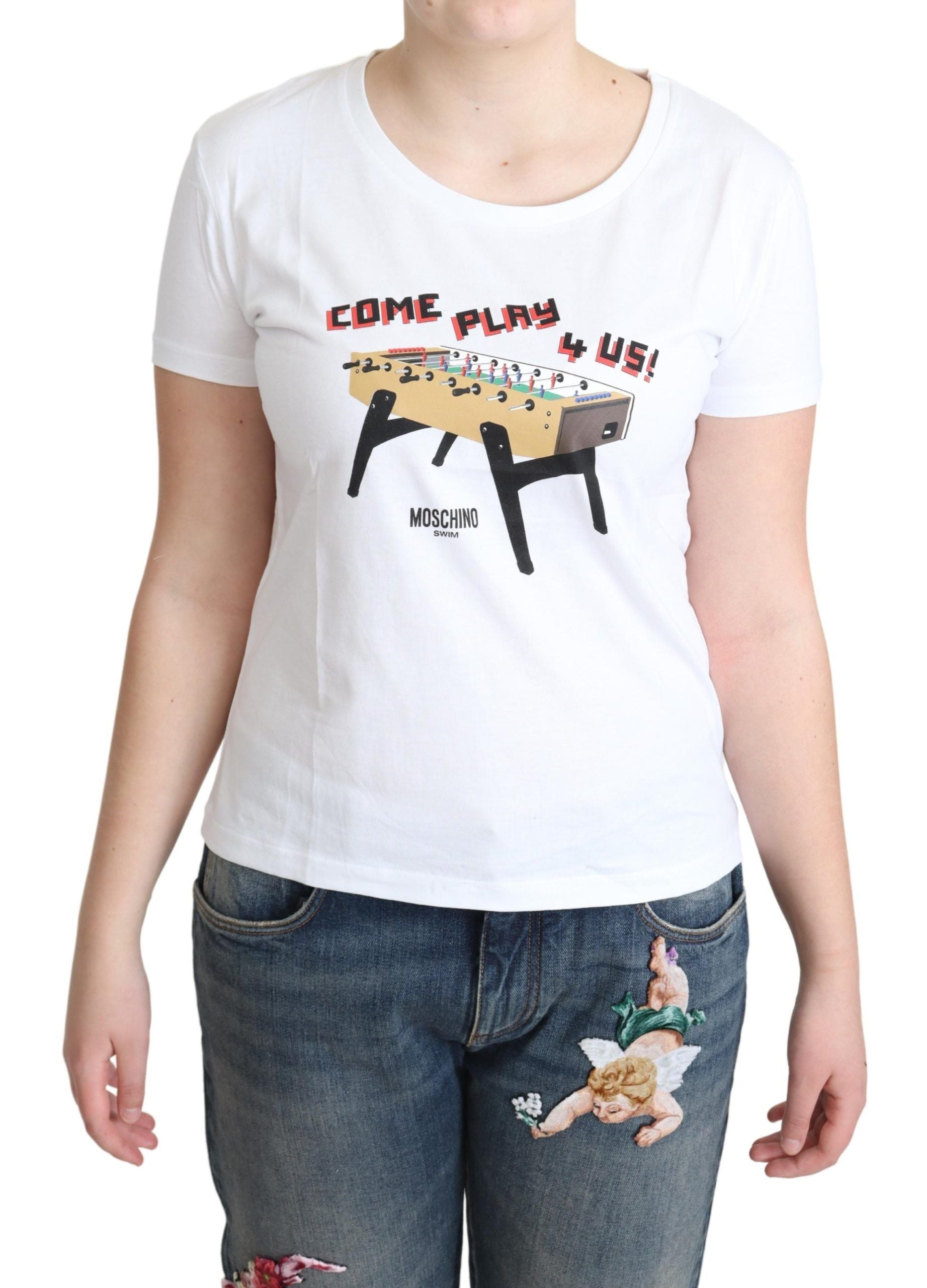 T-shirt blanc en coton imprimé « Come Play 4 Us » de Moschino