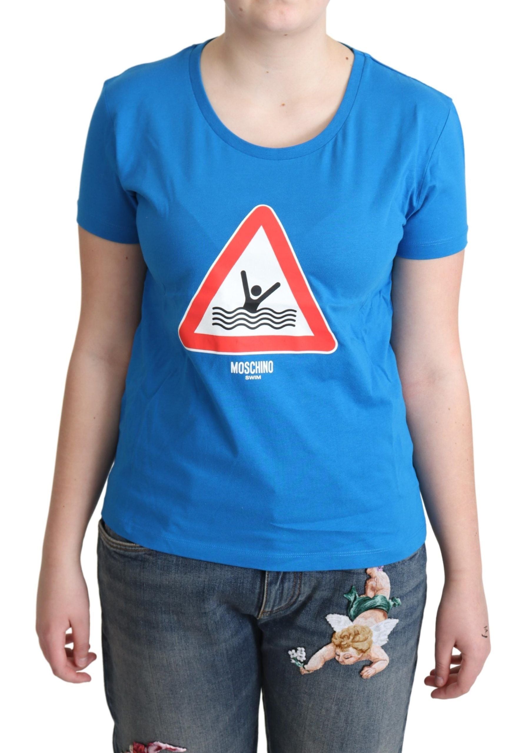 T-shirt de bain en coton bleu Moschino à motif triangle graphique