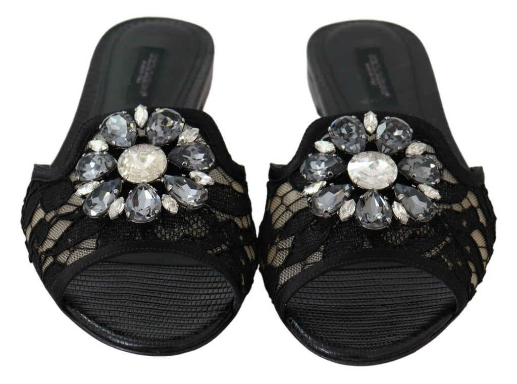 Dolce &amp; Gabbana Claquettes noires en dentelle Taormina et cristaux