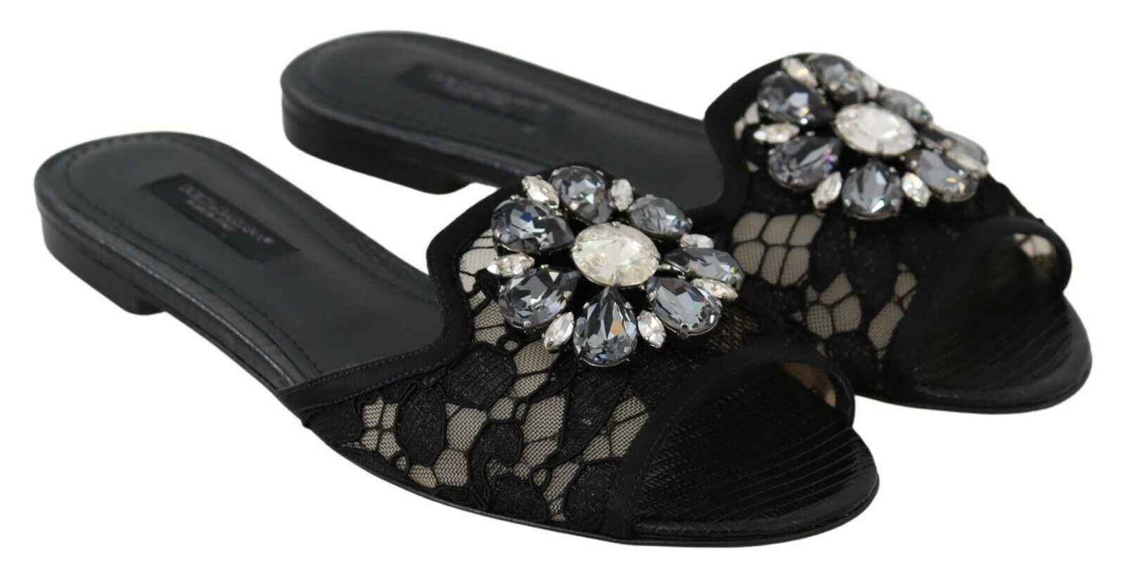 Dolce &amp; Gabbana Claquettes noires en dentelle Taormina et cristaux