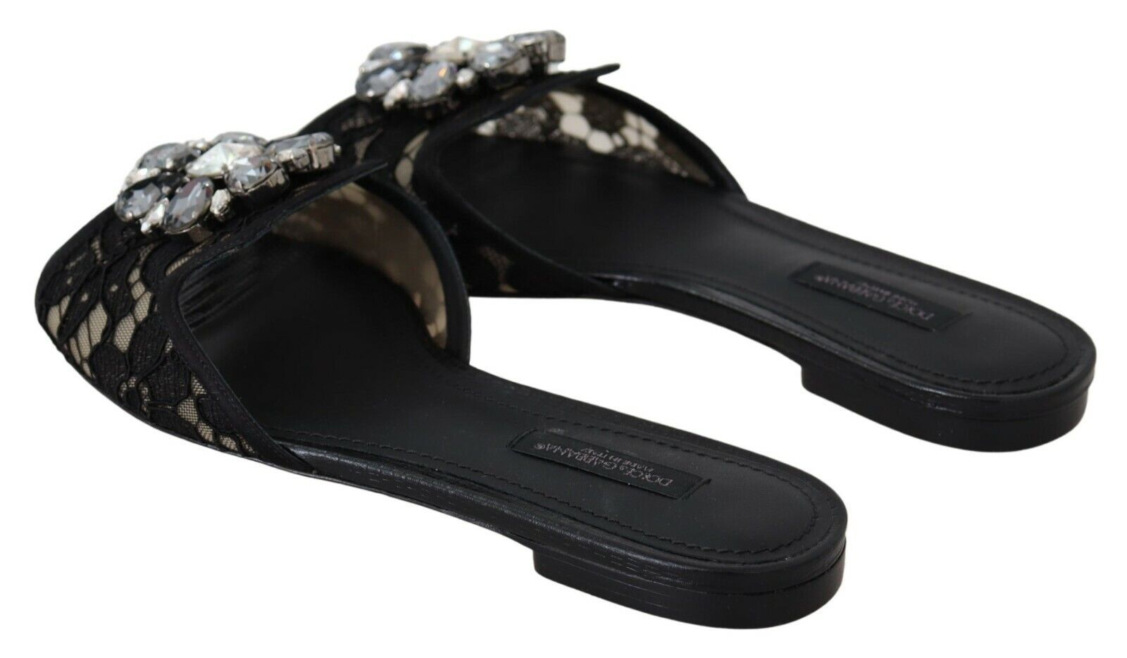 Dolce &amp; Gabbana Claquettes noires en dentelle Taormina et cristaux
