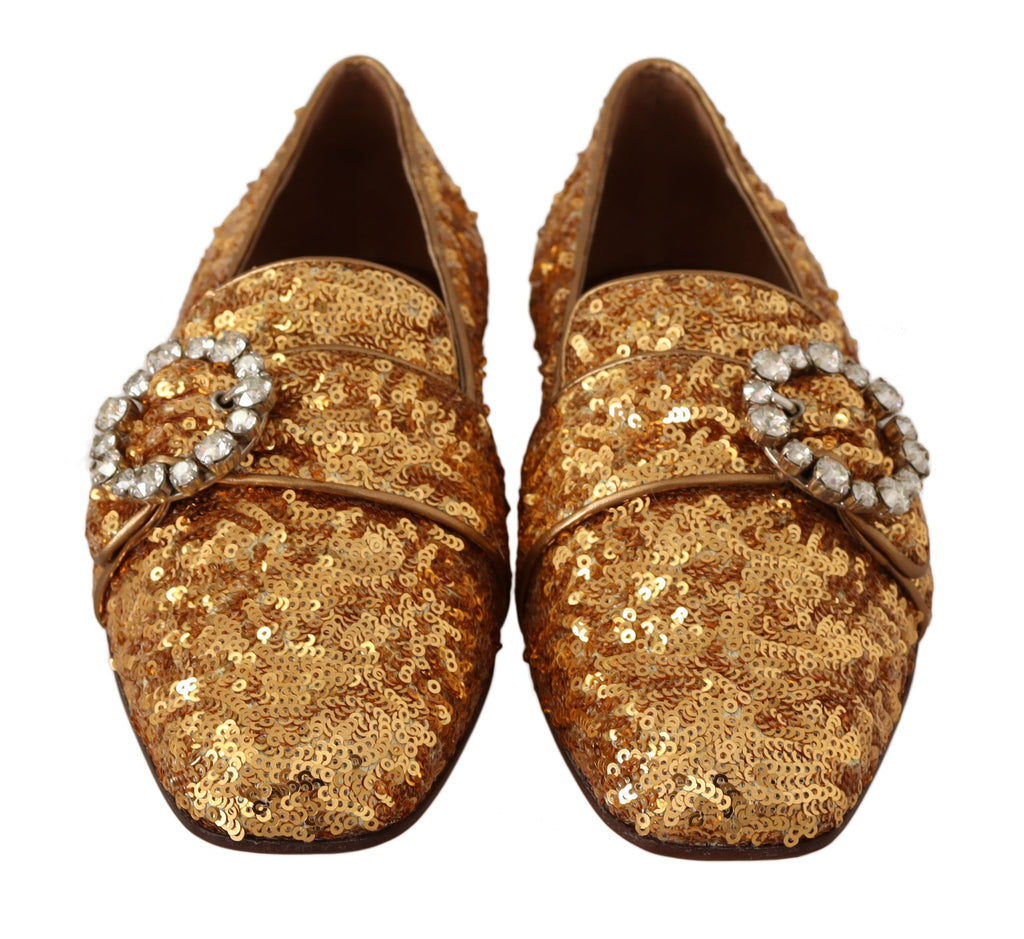 Mocassins plats Dolce &amp; Gabbana à paillettes dorées et cristaux pour femme