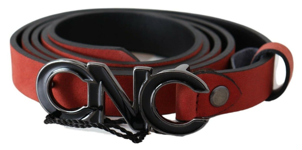 Ceinture en cuir rouge et noir avec boucle et logo noir