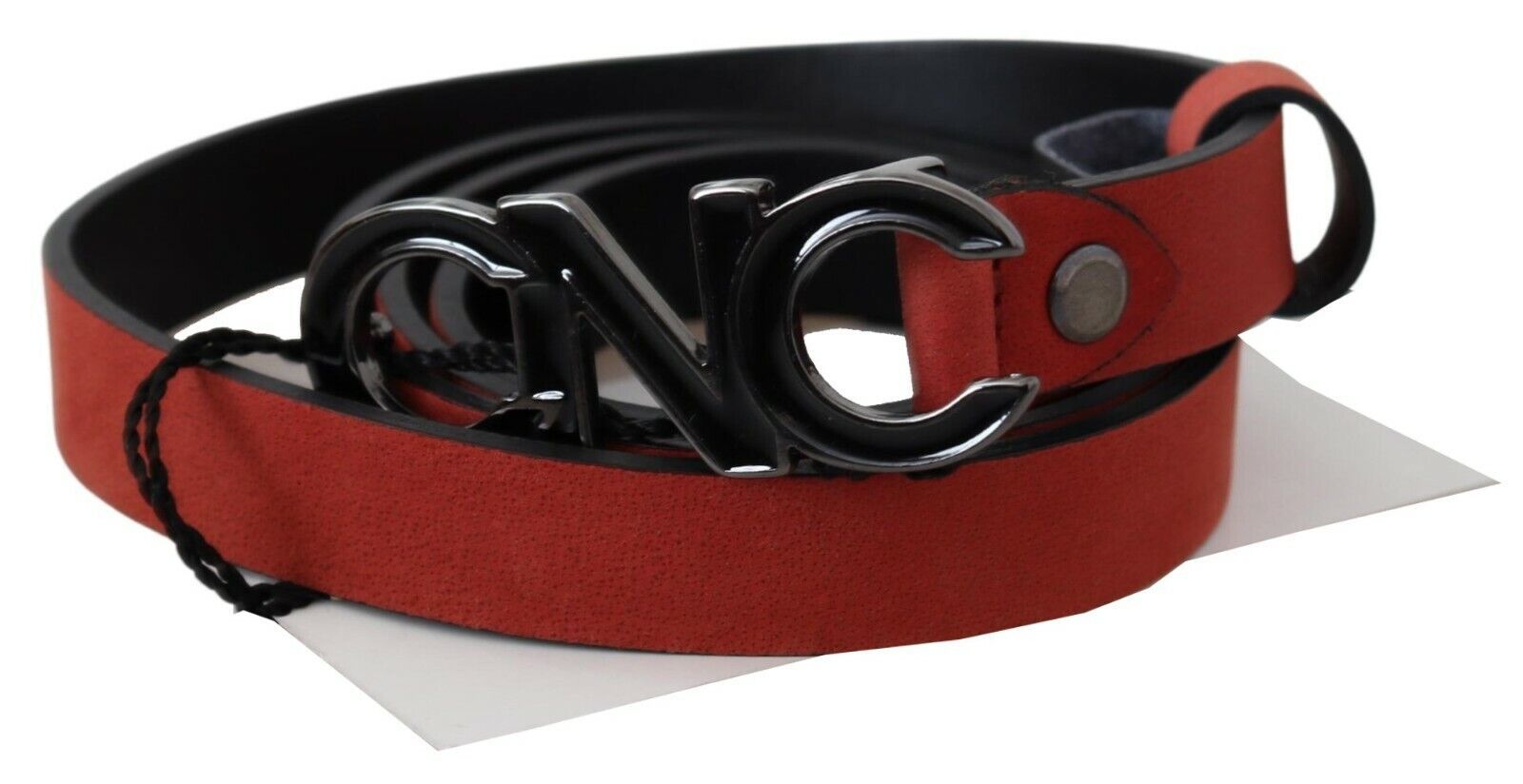 Ceinture en cuir rouge et noir avec boucle et logo noir