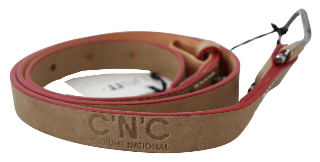 Ceinture en cuir beige avec boucle argentée et logo Costume National