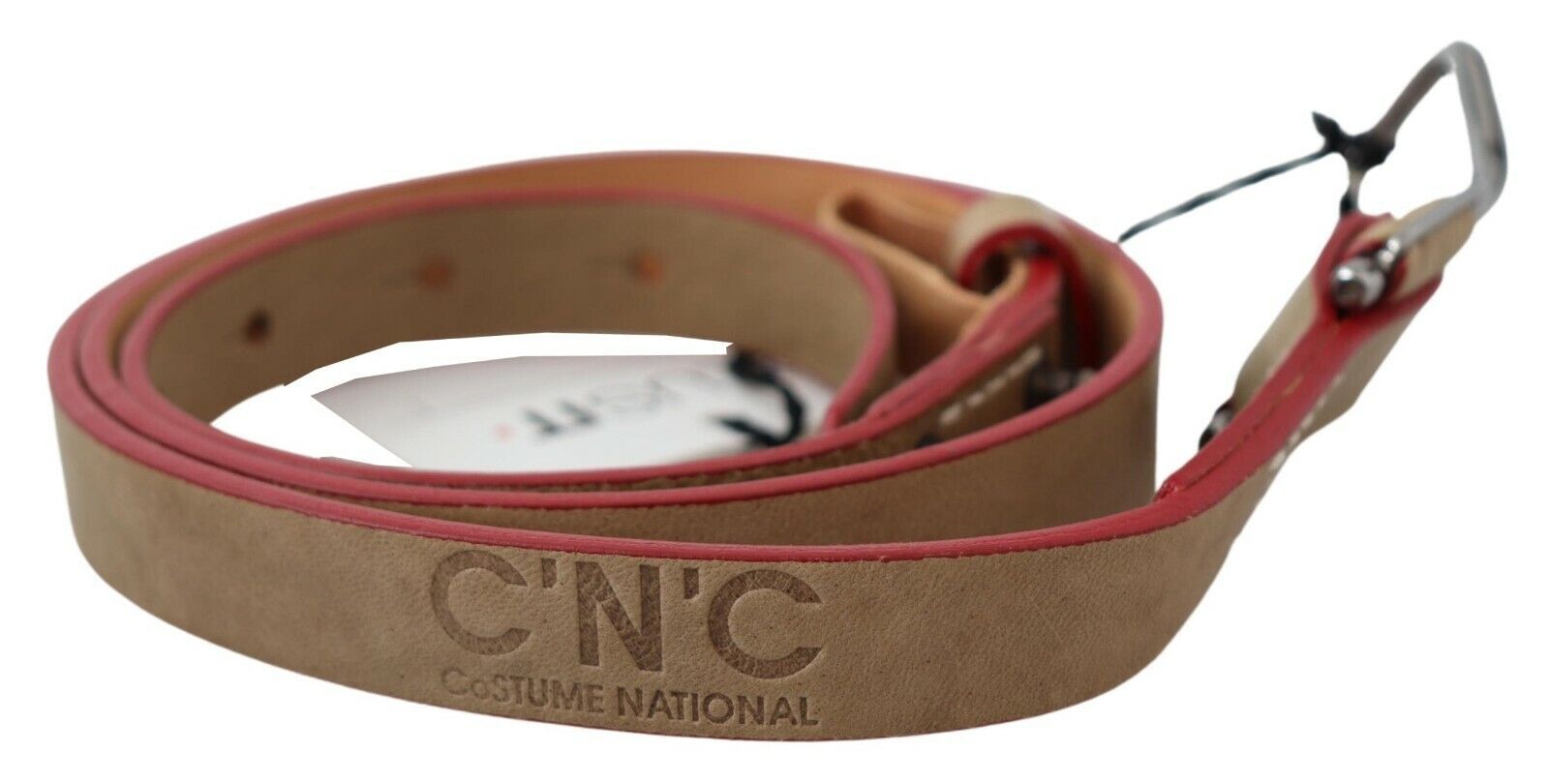 Ceinture en cuir beige avec boucle argentée et logo Costume National