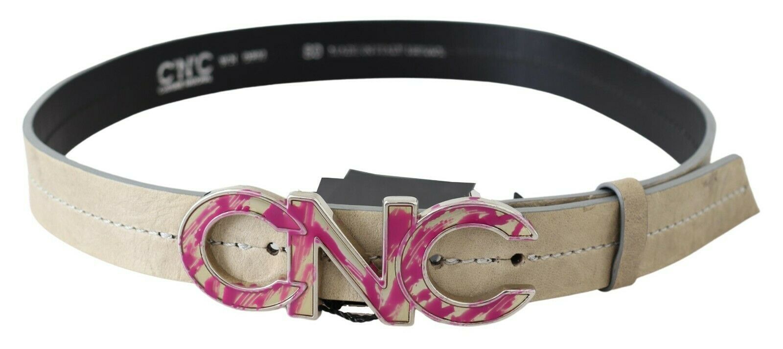 Ceinture à boucle en cuir beige avec logo rose et lettres Costume National