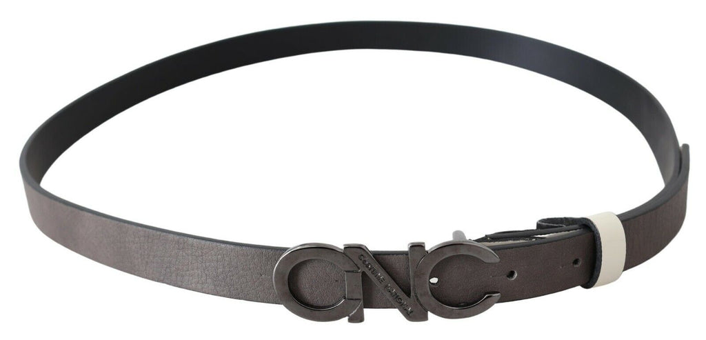 Ceinture nationale en cuir gris métallisé avec logo