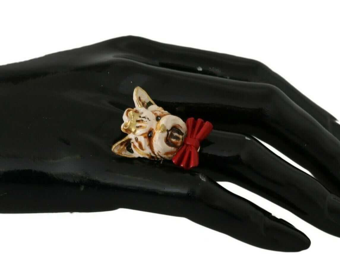 Bague accessoire Dolce &amp; Gabbana en laiton doré et résine beige avec chien de marque