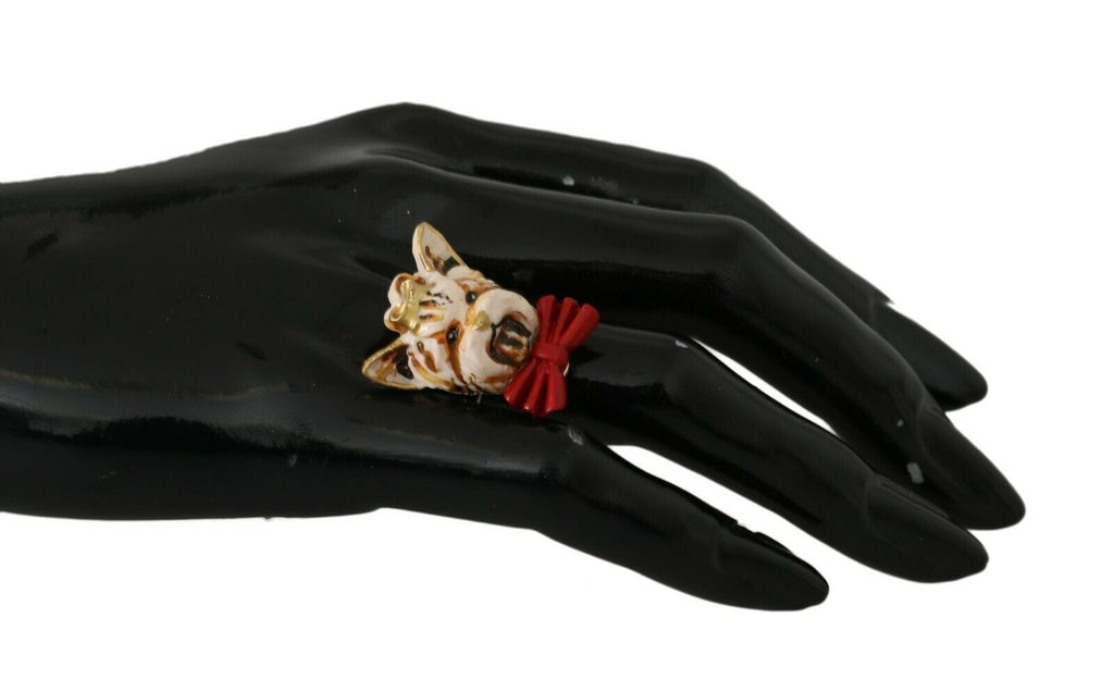 Bague accessoire Dolce &amp; Gabbana en laiton doré et résine beige avec chien de marque