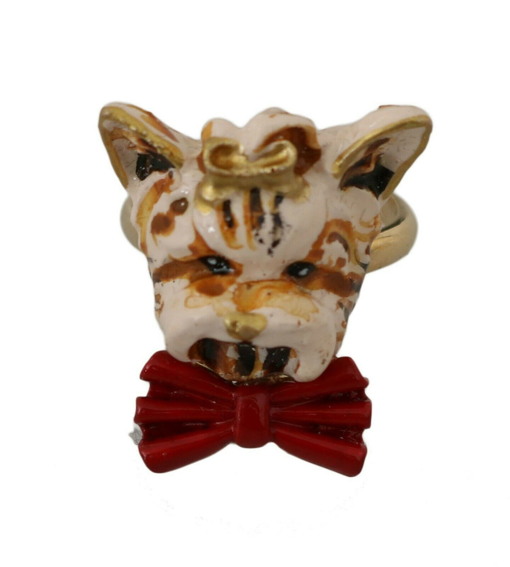 Bague accessoire Dolce &amp; Gabbana en laiton doré et résine beige avec chien de marque