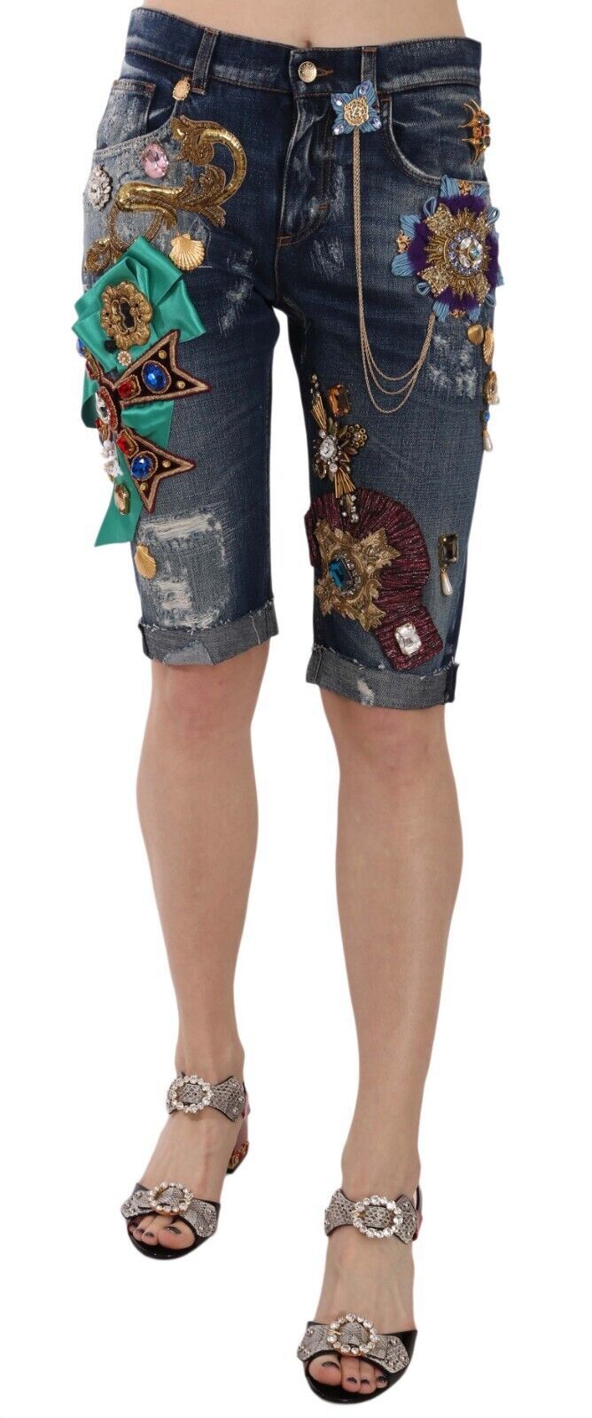 Short capri en denim bleu Dolce &amp; Gabbana taille moyenne orné de cristaux