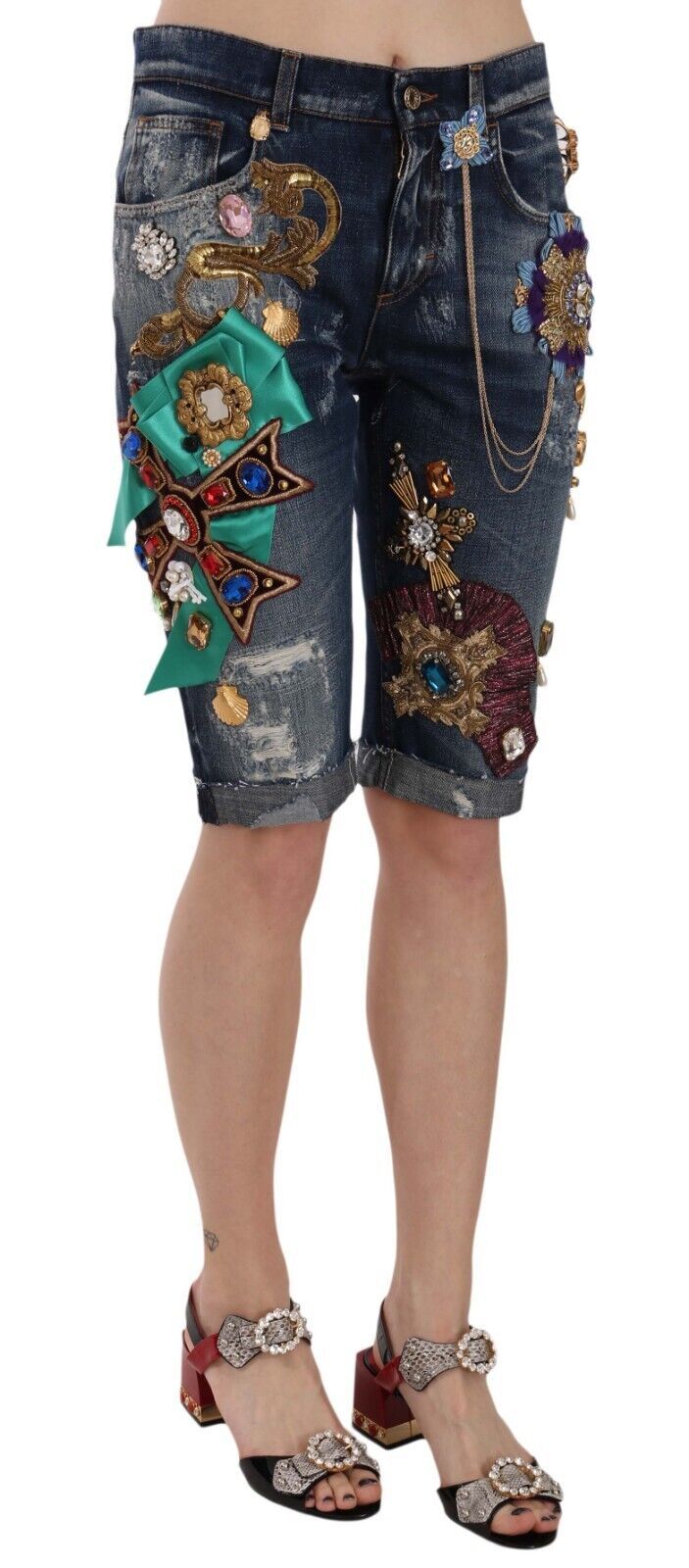 Short capri en denim bleu Dolce &amp; Gabbana taille moyenne orné de cristaux