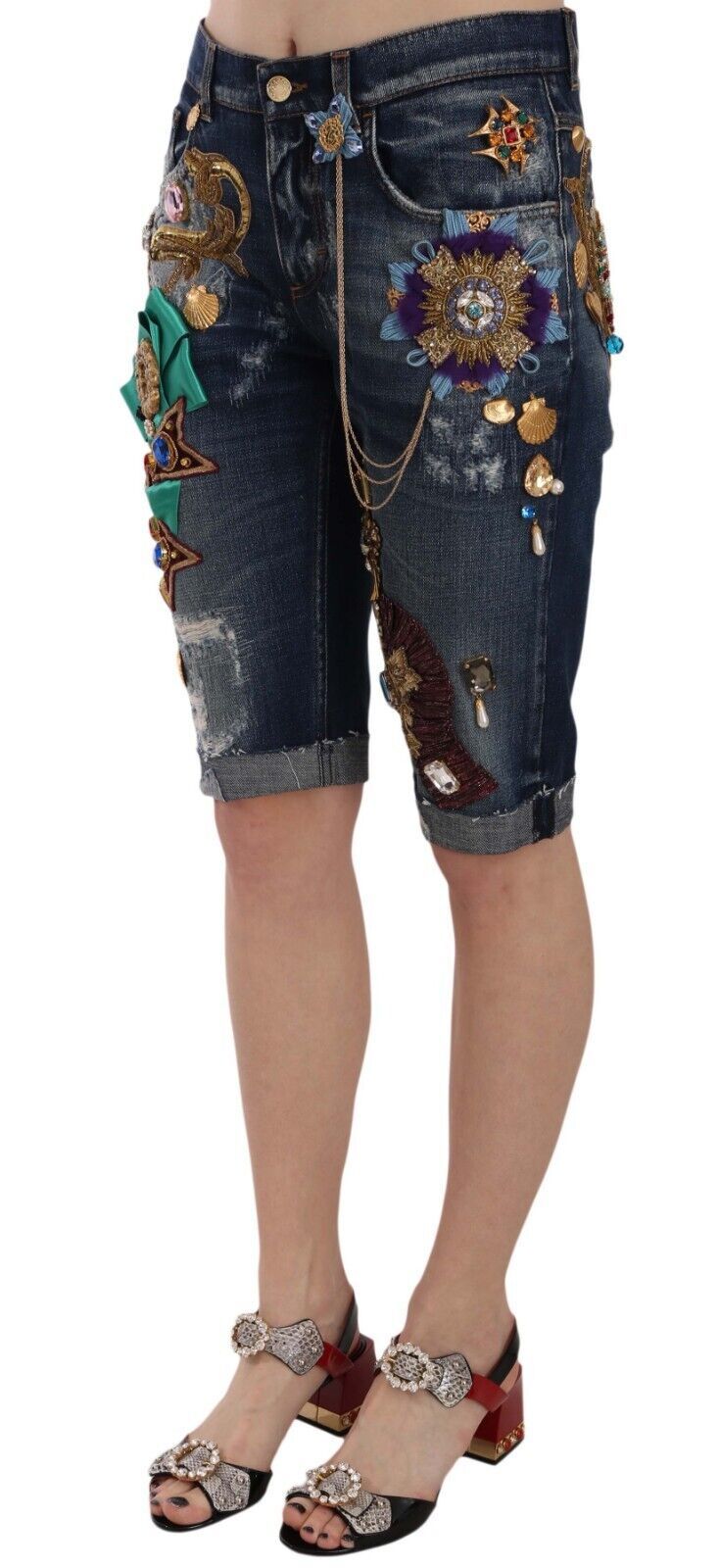 Short capri en denim bleu Dolce &amp; Gabbana taille moyenne orné de cristaux