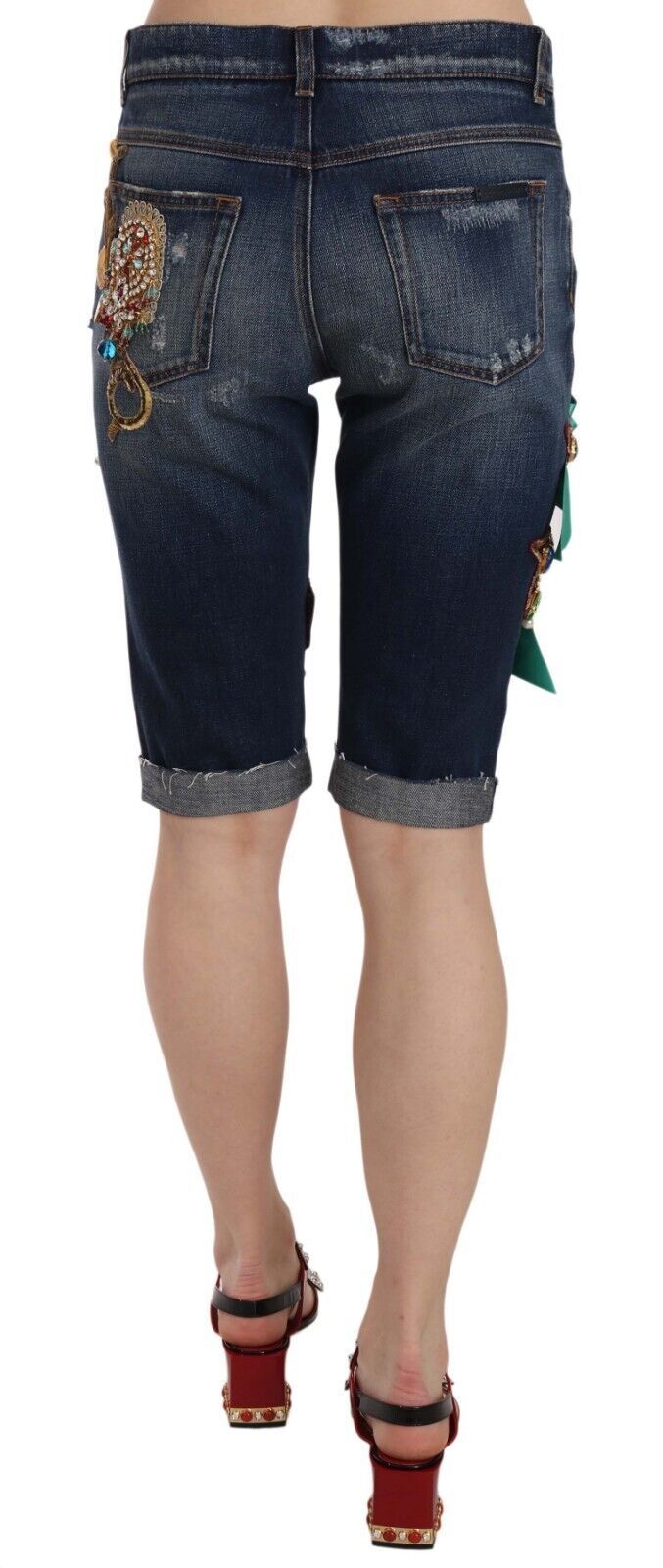 Short capri en denim bleu Dolce &amp; Gabbana taille moyenne orné de cristaux