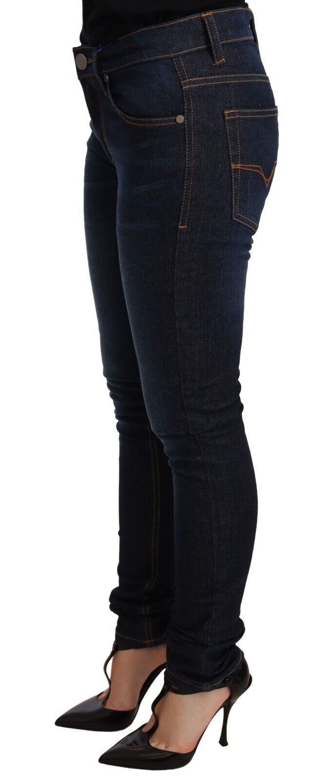 Jean skinny taille basse en coton bleu foncé Versace Jeans