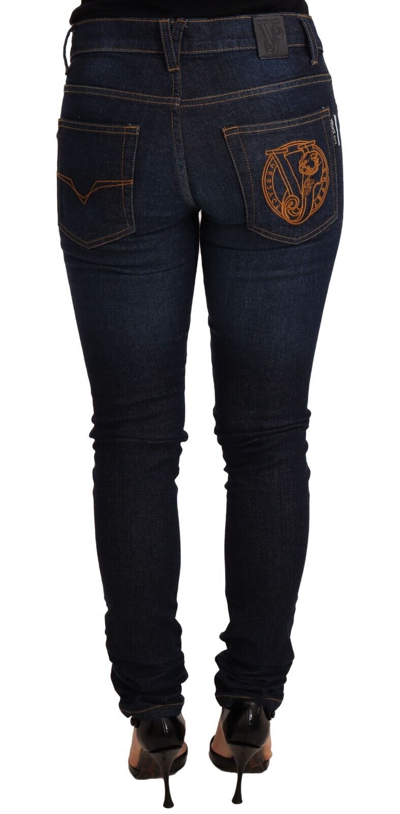Jean skinny taille basse en coton bleu foncé Versace Jeans